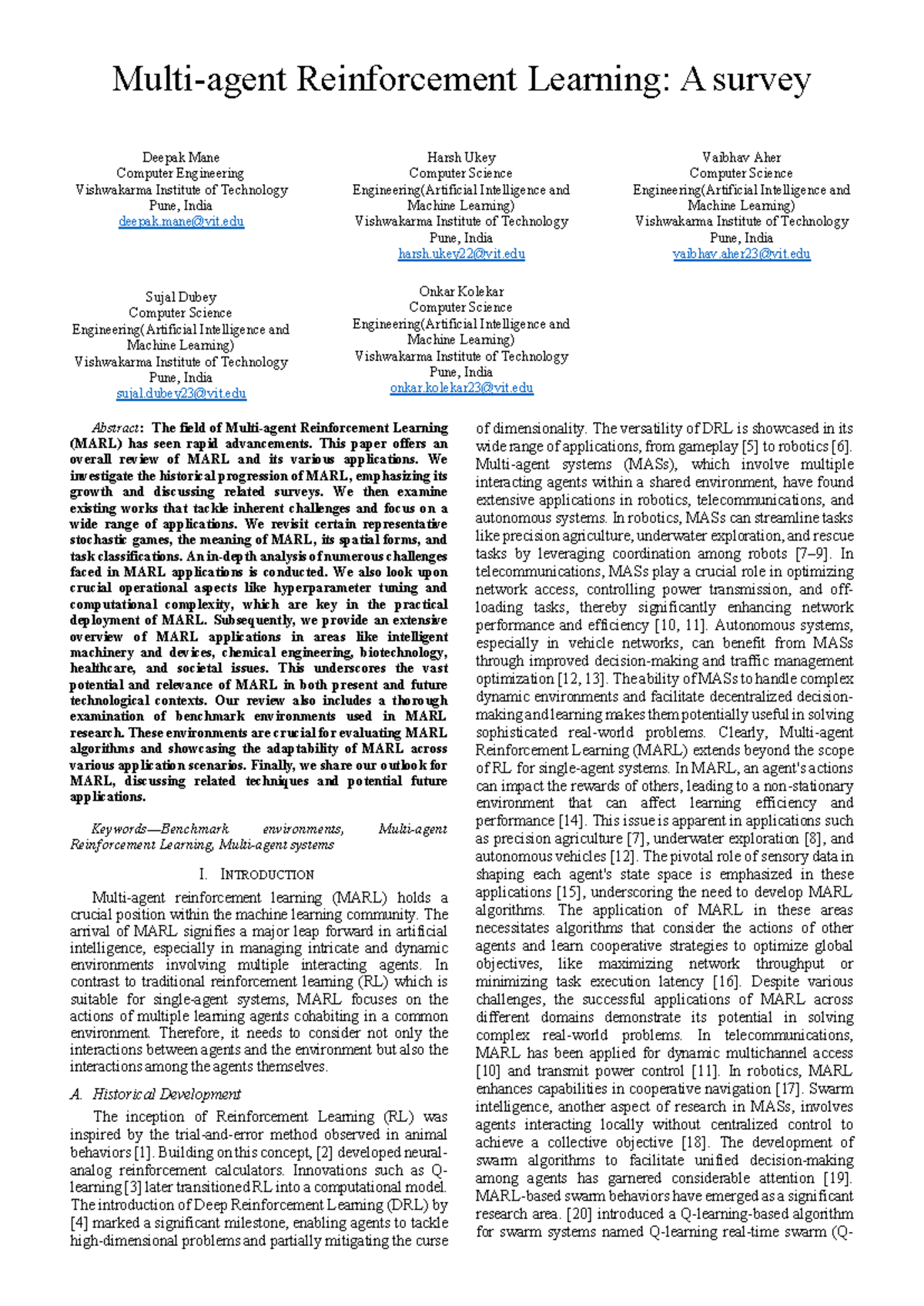 AI HA sem4 - Multi-agent Reinforcement Learning: A survey Deepak Mane ...