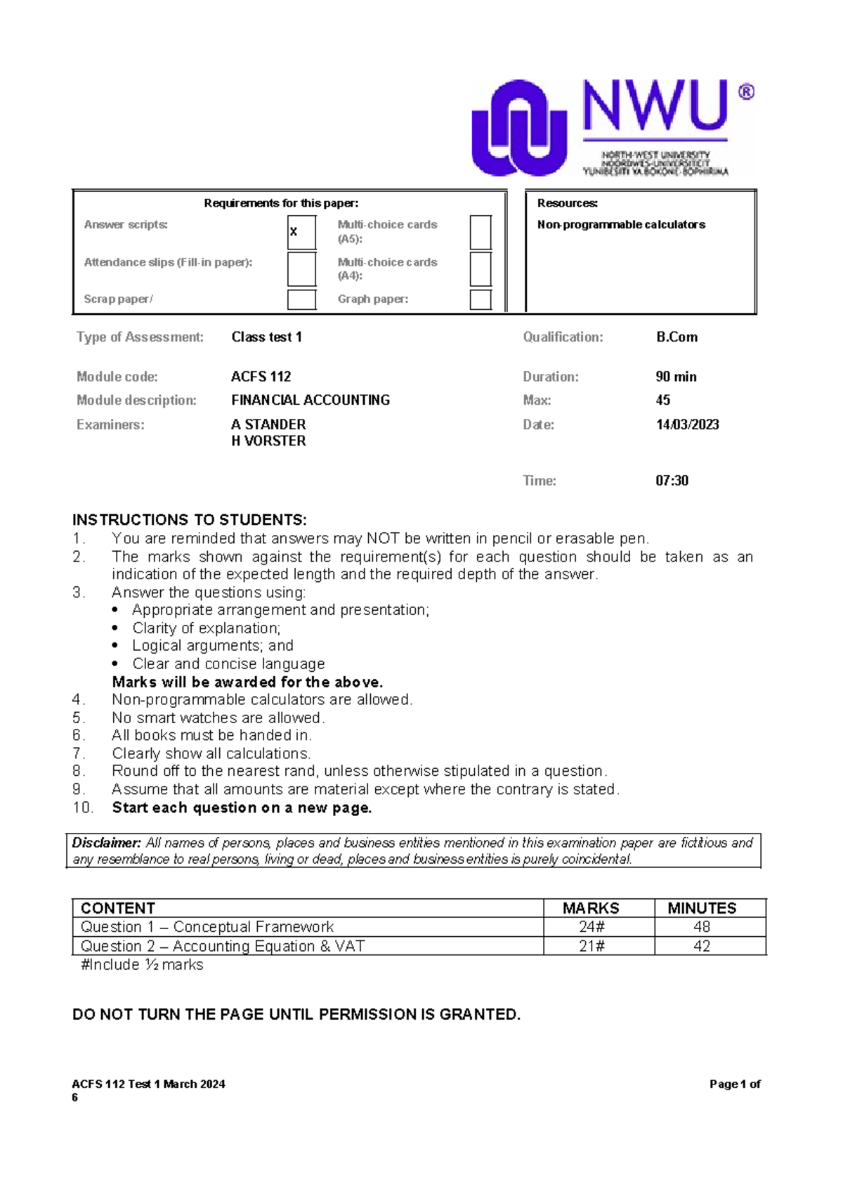 ACFS 112 Class Test 1 2024: Financial Accounting Requirements - Studocu