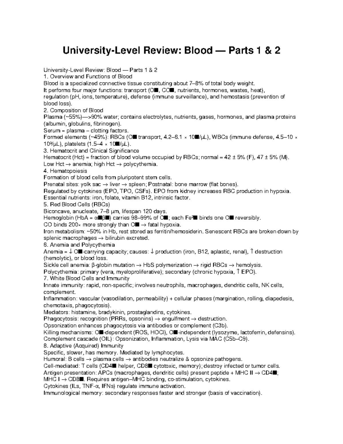 Blood Review: Overview, Functions, and Composition (Parts 1 & 2) - Studocu