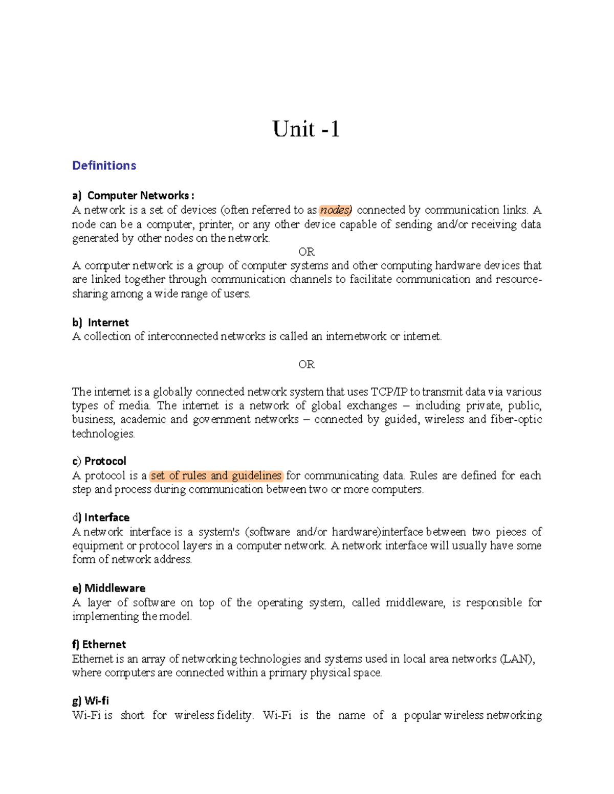 Notes for CN: Key Concepts and Definitions in Computer Networks - Studocu