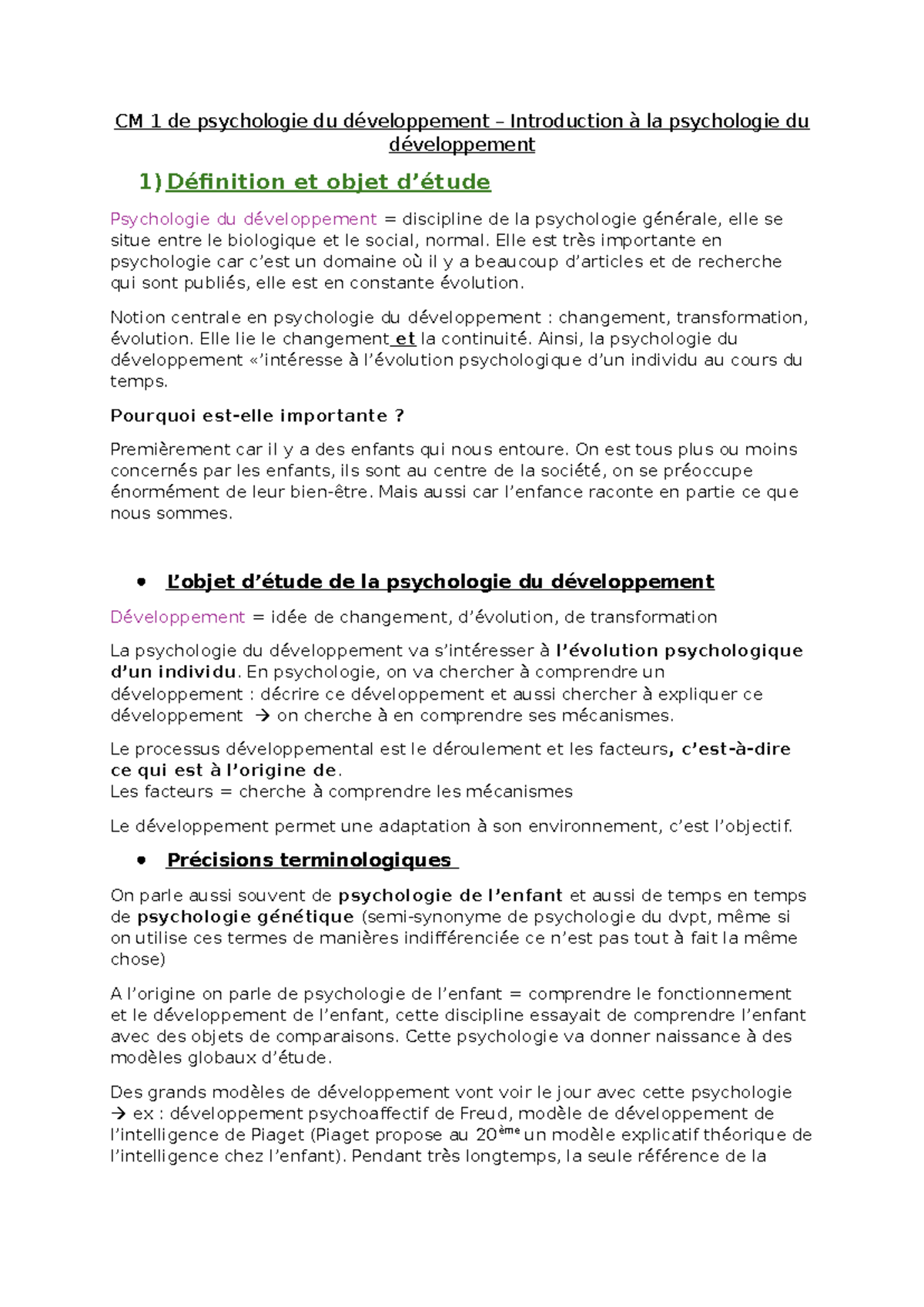 CM1 - Introduction à la psychologie du développement - CM 1 de ...
