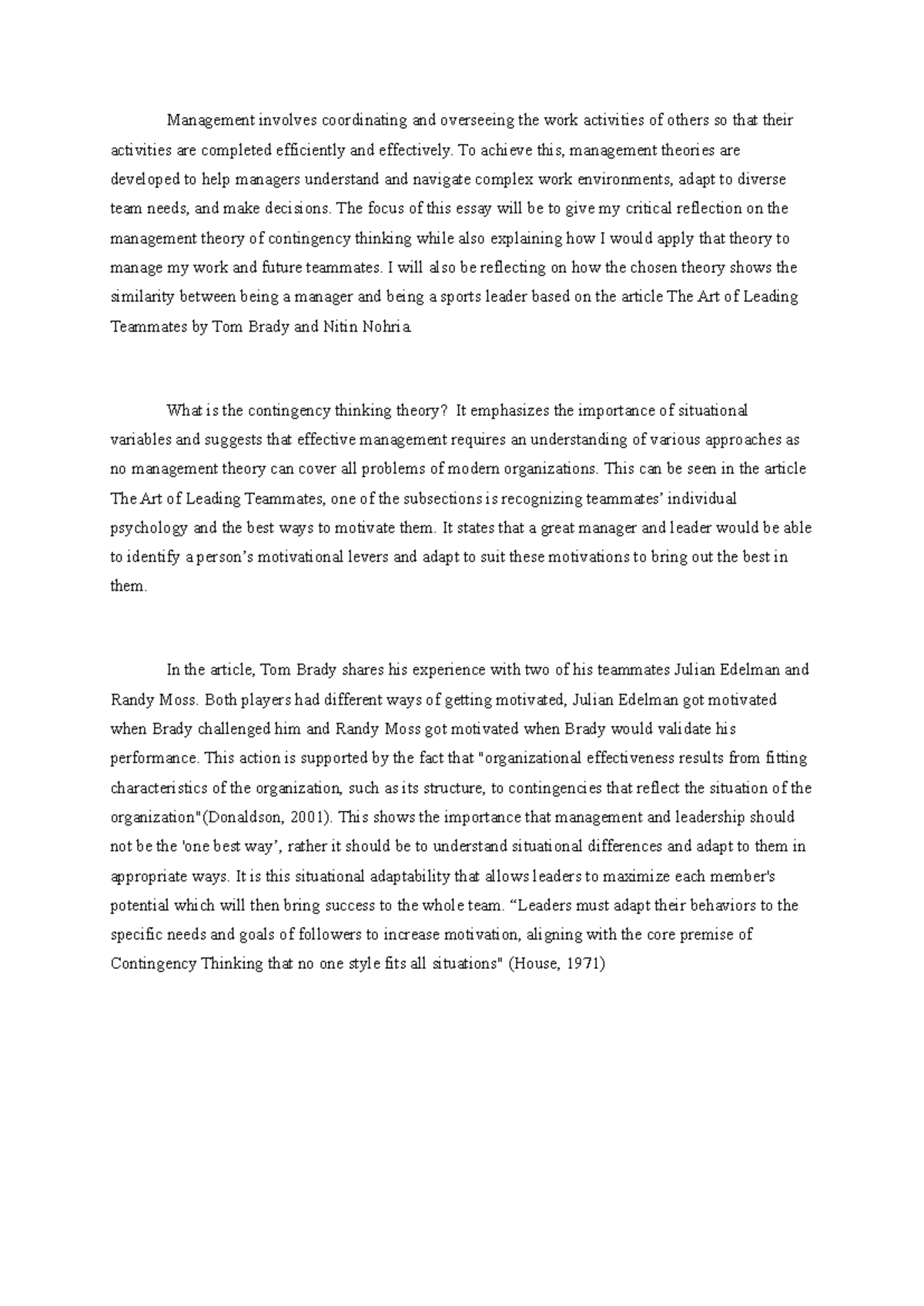 Reflective Essay on Contingency Thinking Theory in Management - Studocu
