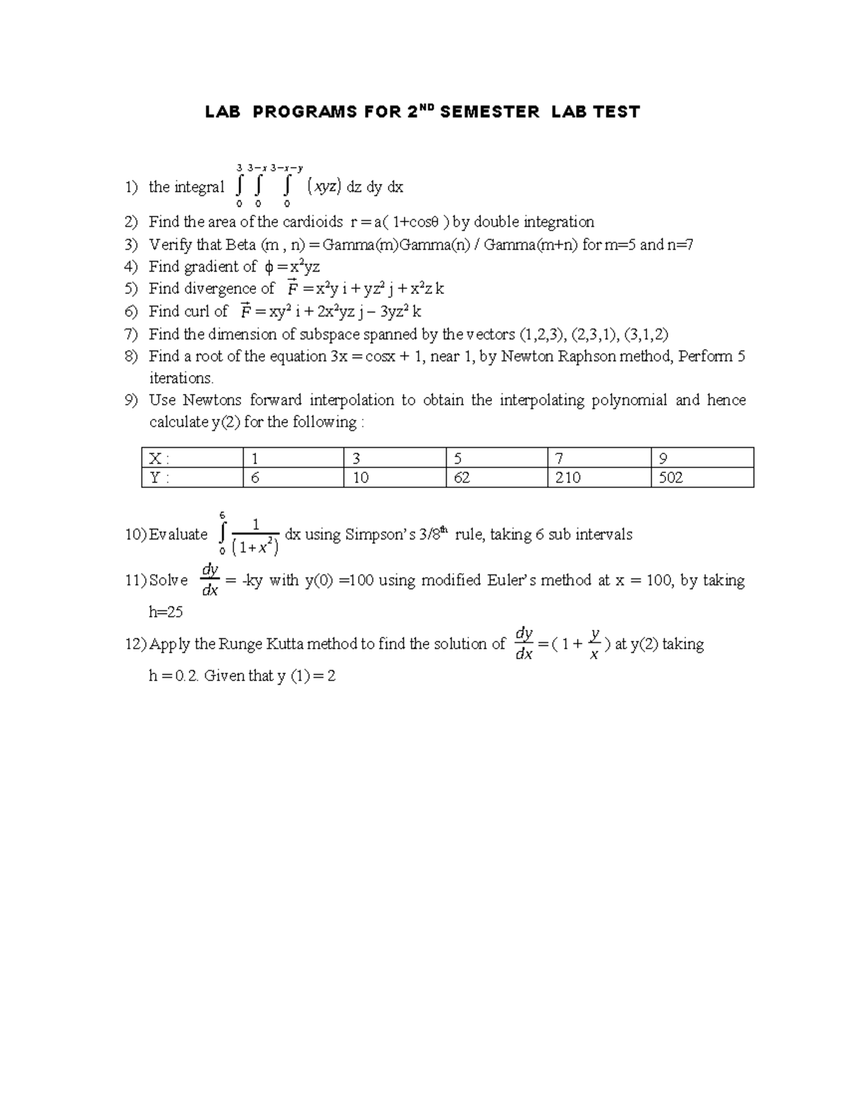 LAB Programs for 2nd Semester Lab Test: Integration & Differential ...
