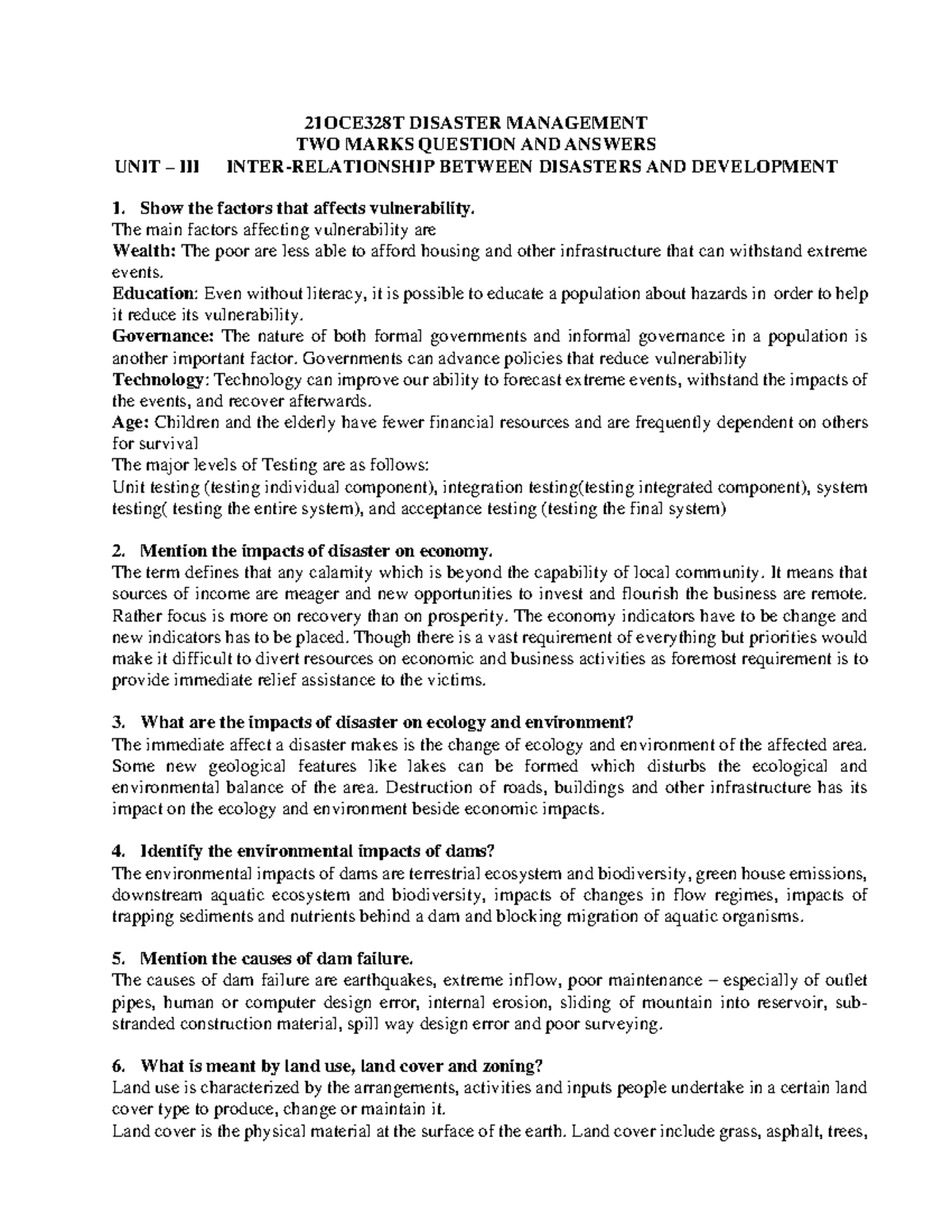 2mark unit3 - 2 MARKS QB - 21OCE328T DISASTER MANAGEMENT TWO MARKS ...