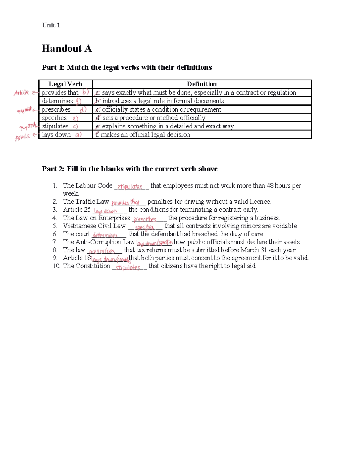 Unit 1 Handout A: Legal Verbs and Their Definitions - Studocu