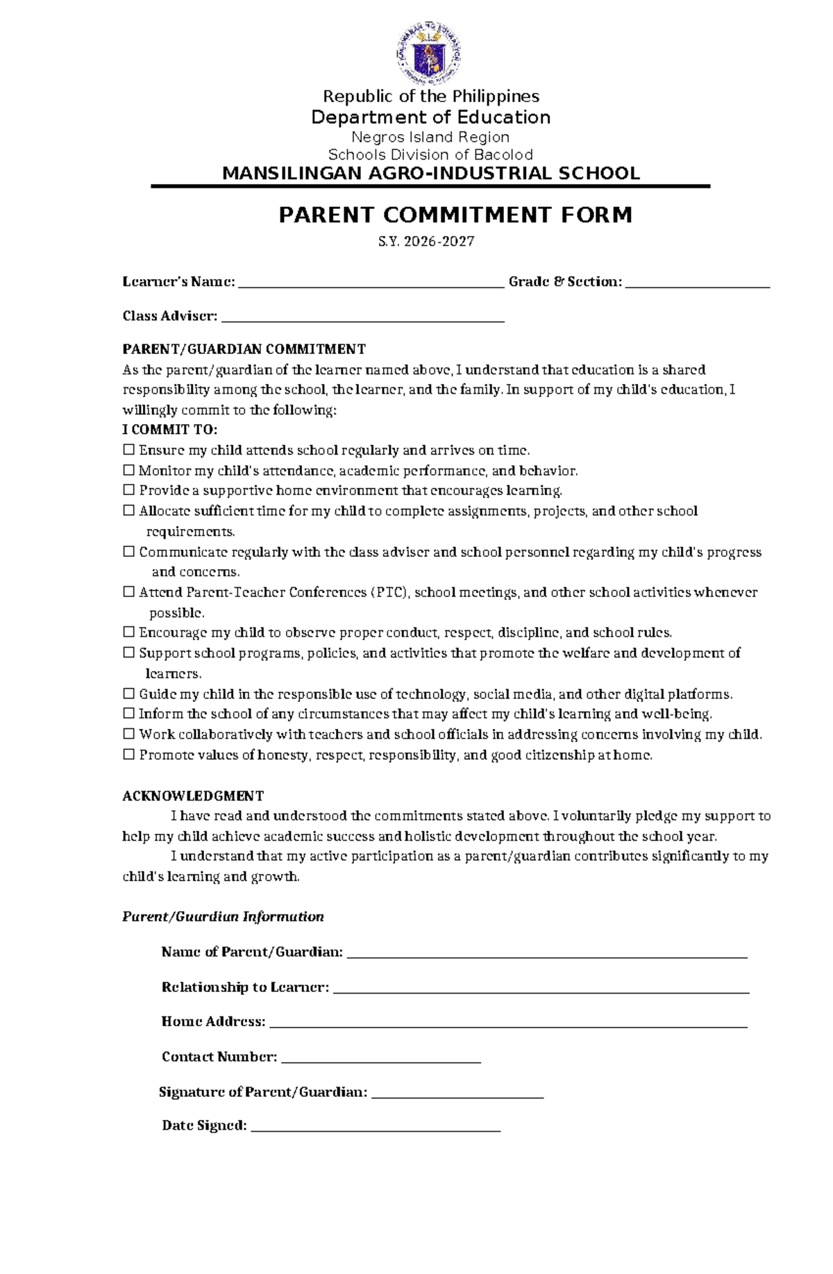 Parents' Commitment Form for Learner Support - Bacolod S.Y. - Studocu