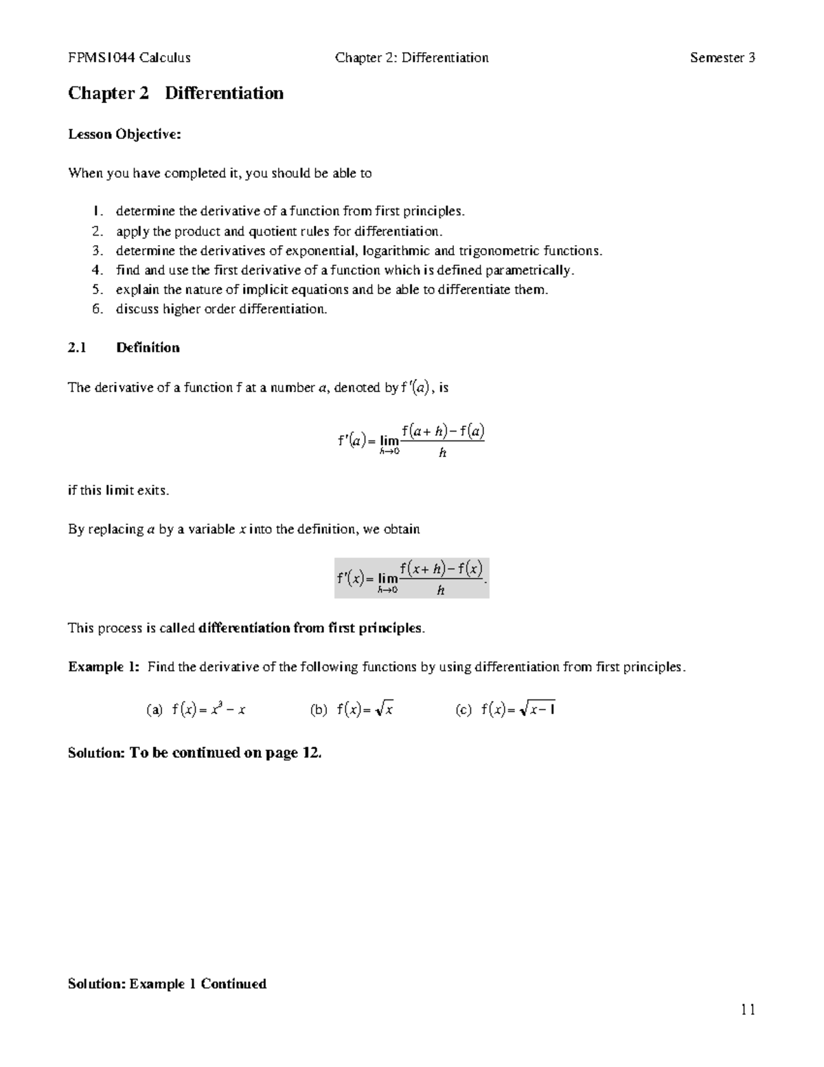 FPMS1044 calculus Chapter 2 - Chapter 2 Differentiation Lesson ...