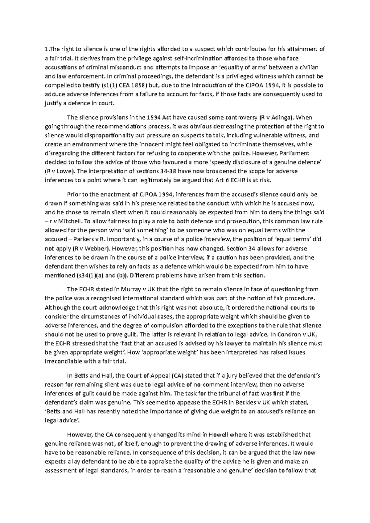 Law 101: Evidence Law Exam Answers & Analysis on Right to Silence - Studocu