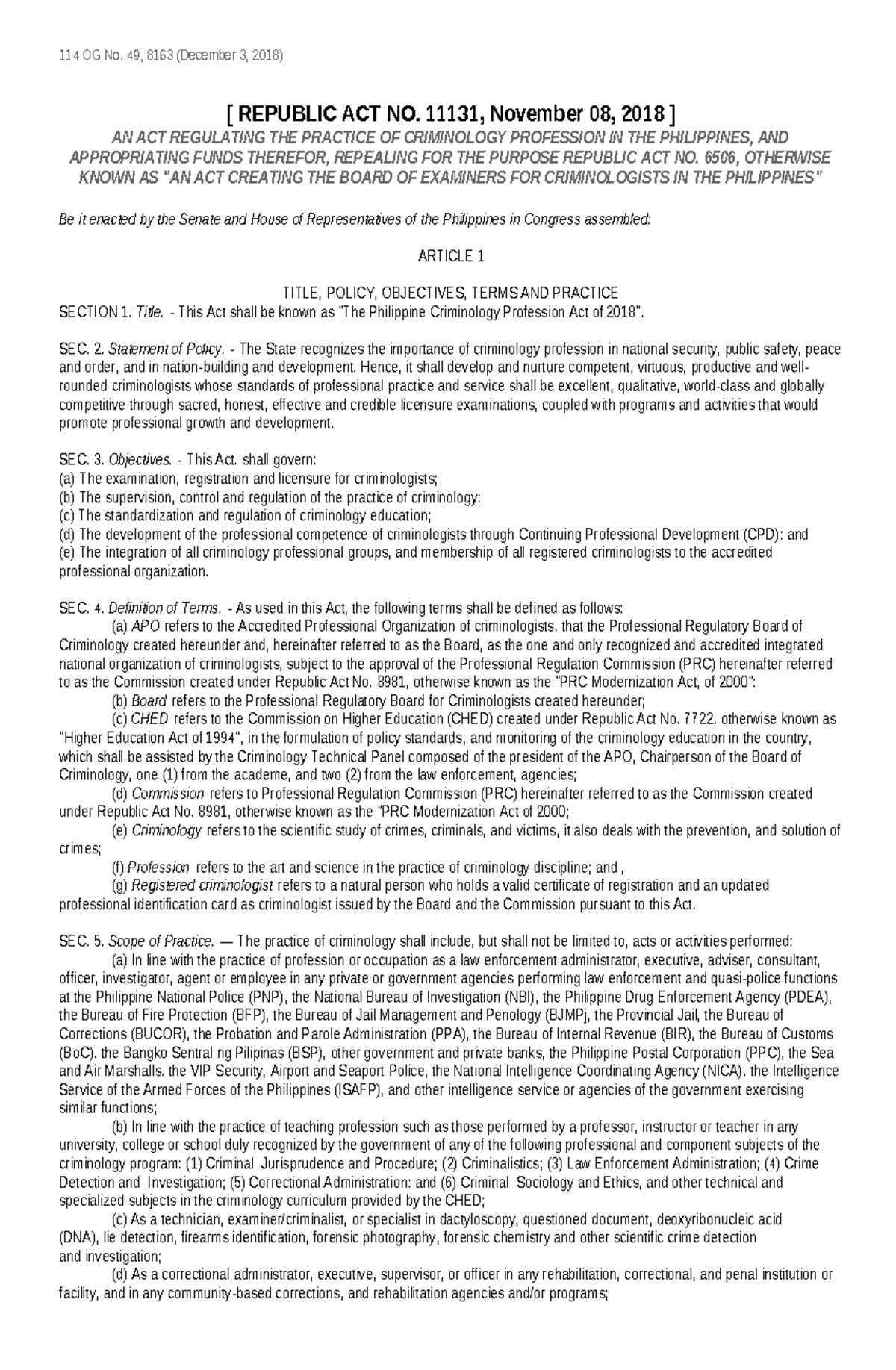 RA-11131 - The Philippine Criminology Profession Act of 2018 - Studocu