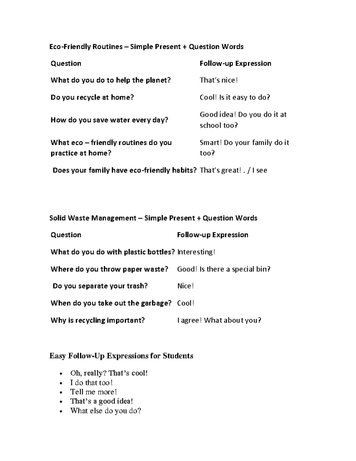Simple Present Questions & Responses for Eco-Friendly Routines - Studocu