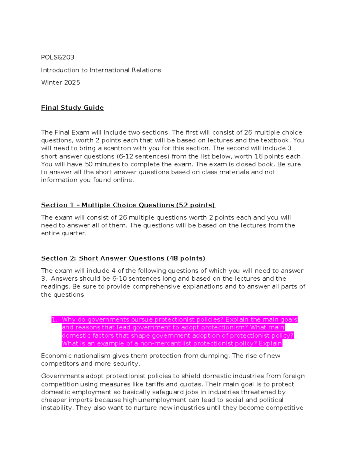 POLS&203 Final Exam Study Guide - Winter 2025 - POLS& Introduction to ...