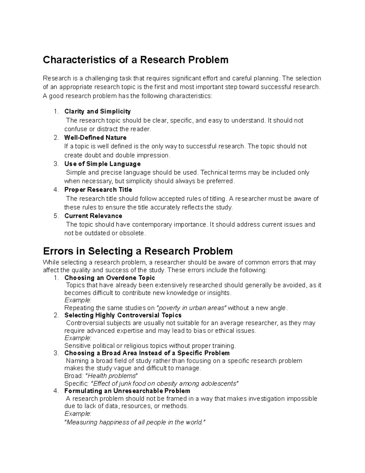Characteristics of a Research Problem - UNIT 1 (13 Marks) - Studocu