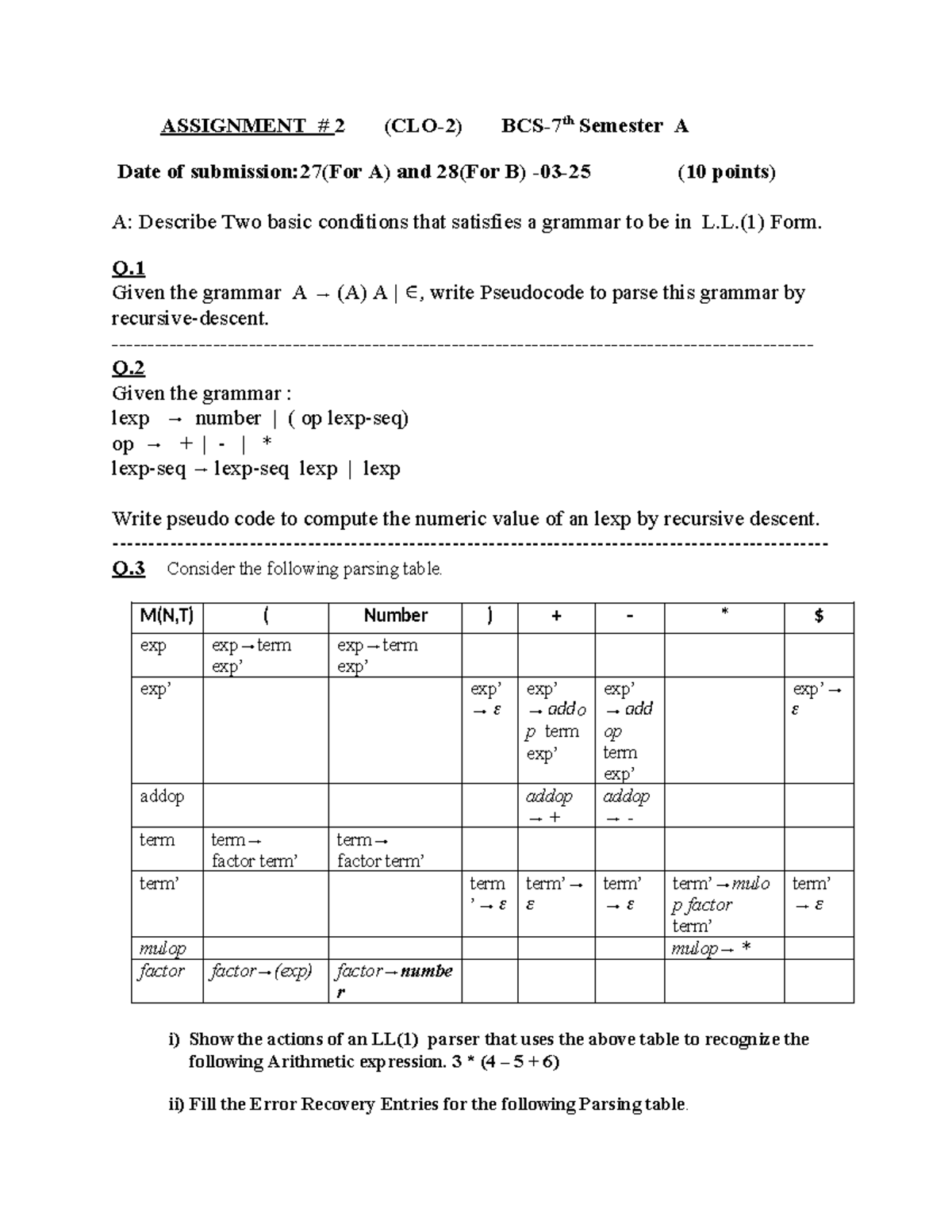 Assignment 2 - Lab: LL(1) Grammar Analysis and Parsing Techniques - Studocu