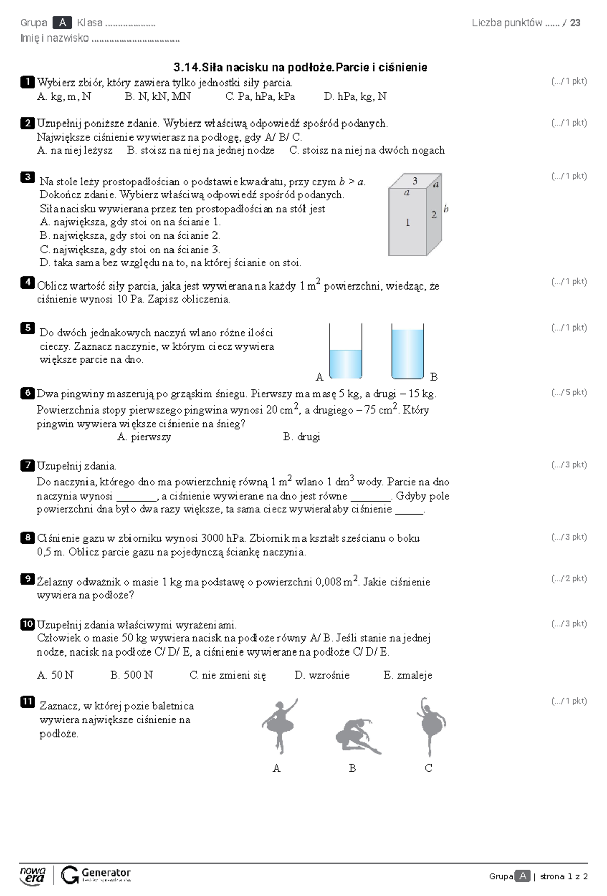 3.14.Sila nacisku na podłoze.Parcie i cisnienie-Test - Grupa A | strona