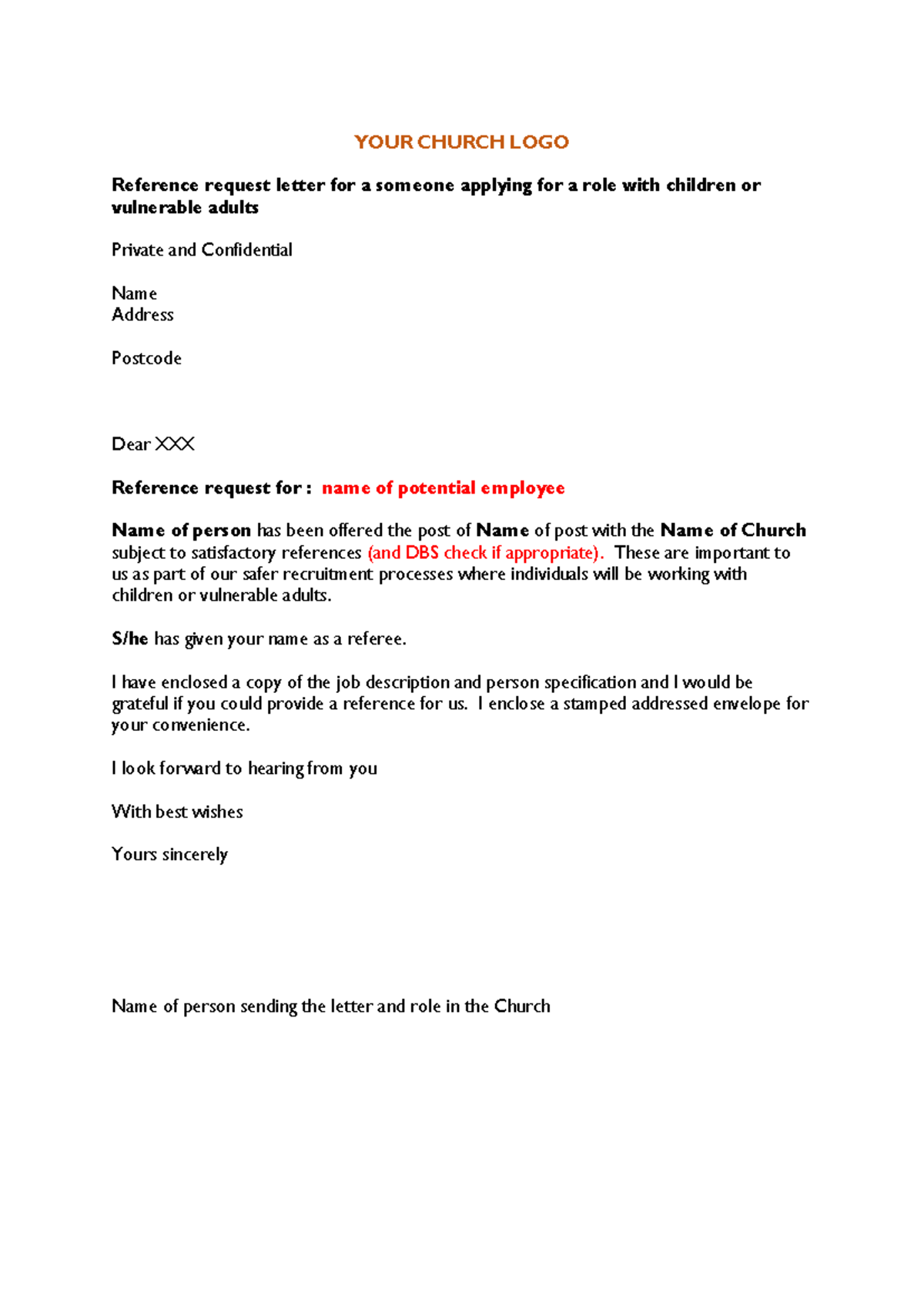 1b Template Reference Letter for Church Employee - Studocu