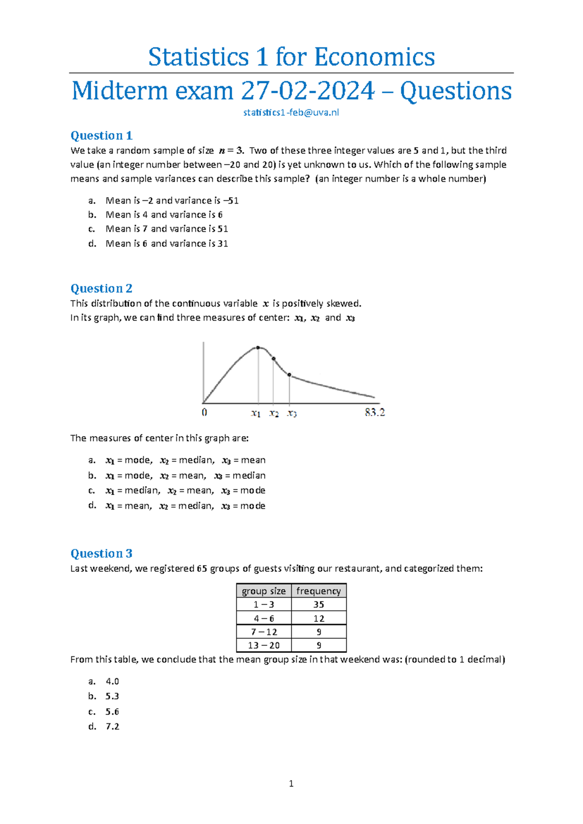 Statistics 1 (Stat1) Midterm Exam Solutions - 27 February 2024 ...
