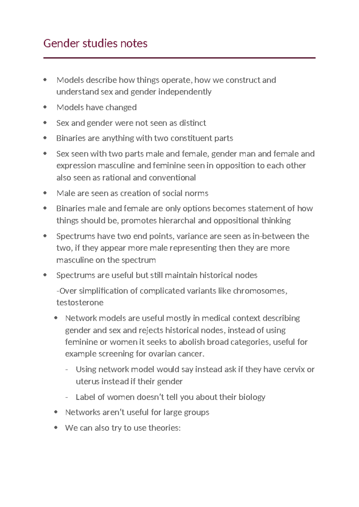 Gender Studies Notes: Understanding Models of Sex and Gender - Studocu
