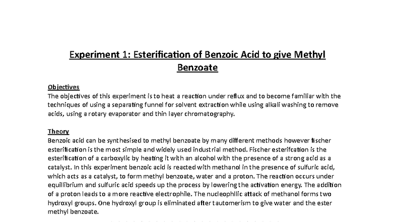 Experiment 1: Esterification of Benzoic Acid to Methyl Benzoate - Studocu