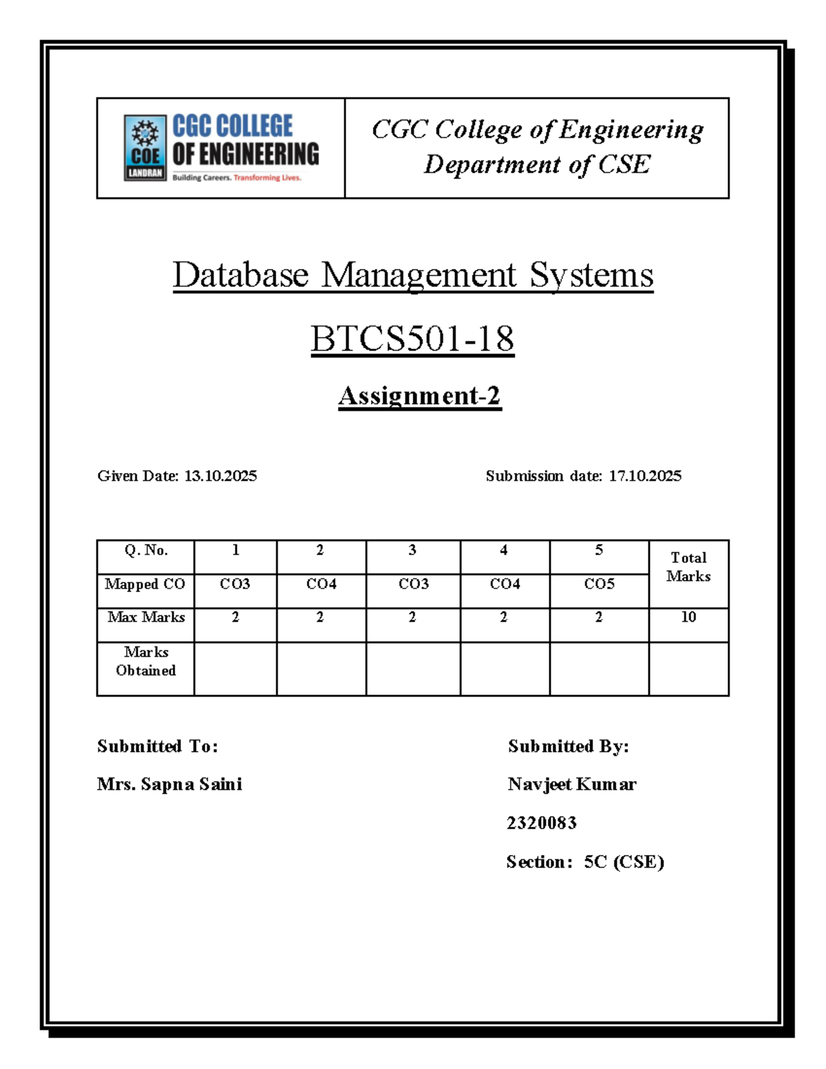 DBMS Asn 2 - DBMS Assignment 2 - B.tech IT - CGC College of Engineering ...