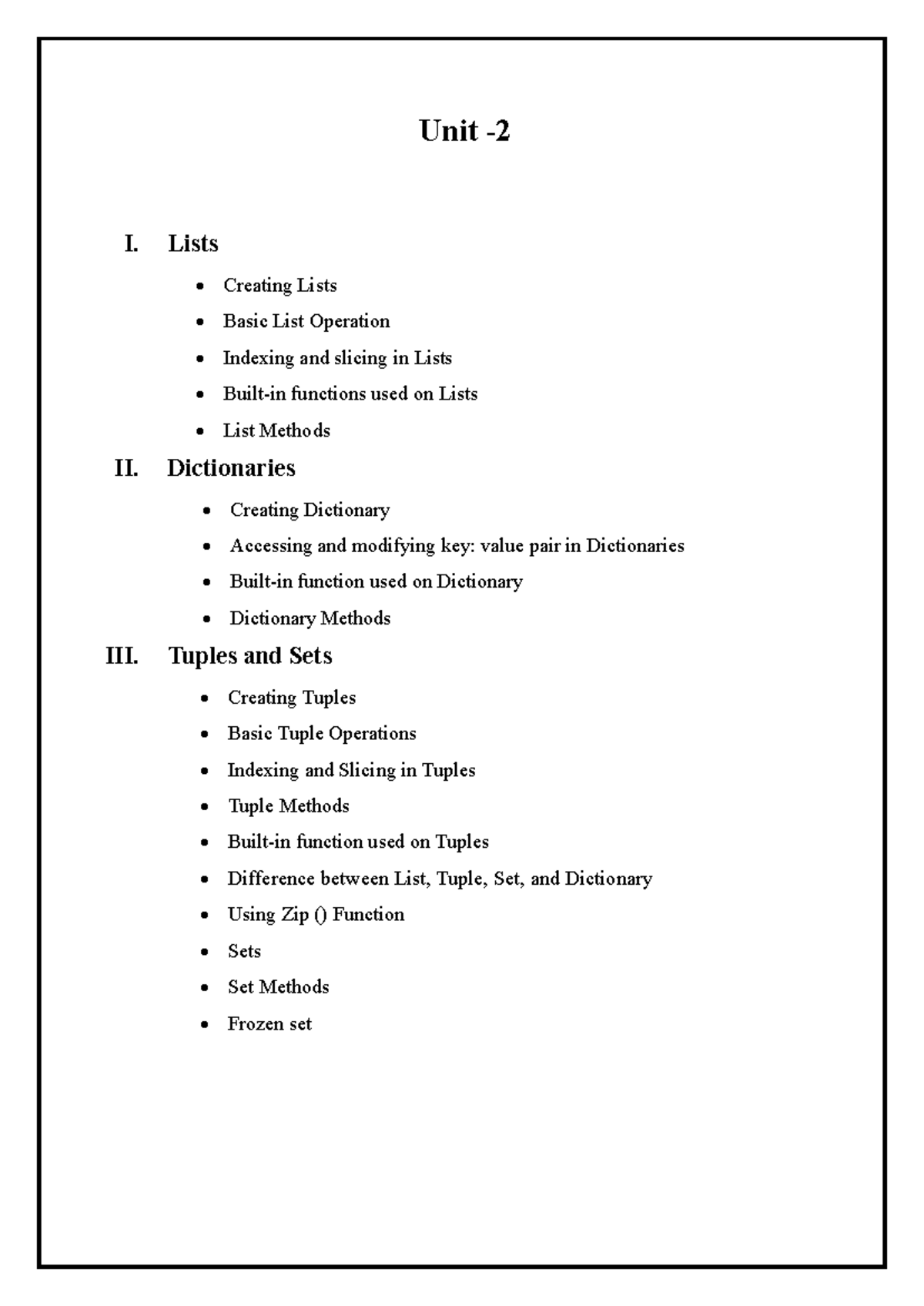 Unit 2 Python - lecture notes - Unit - I. Lists Creating Lists Basic ...
