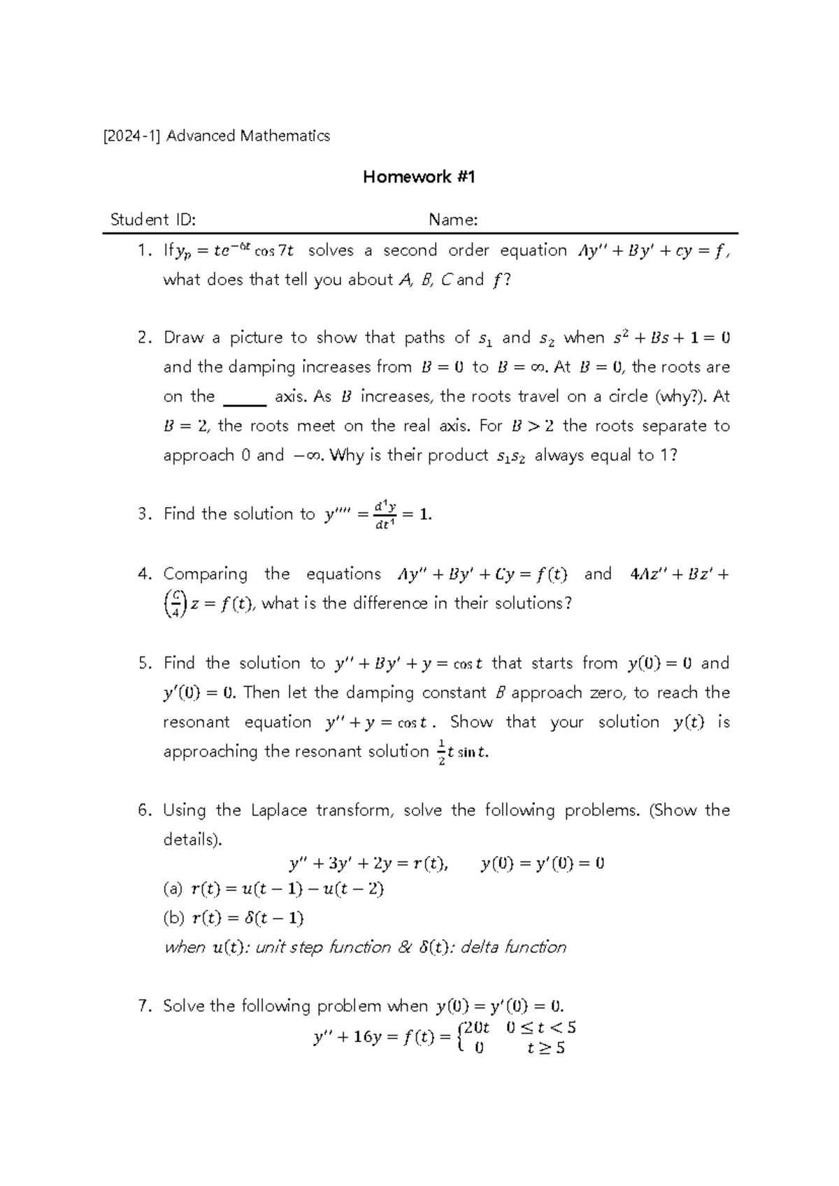 Advanced Mathematics HW#1 Solutions and Concepts Overview - Studocu