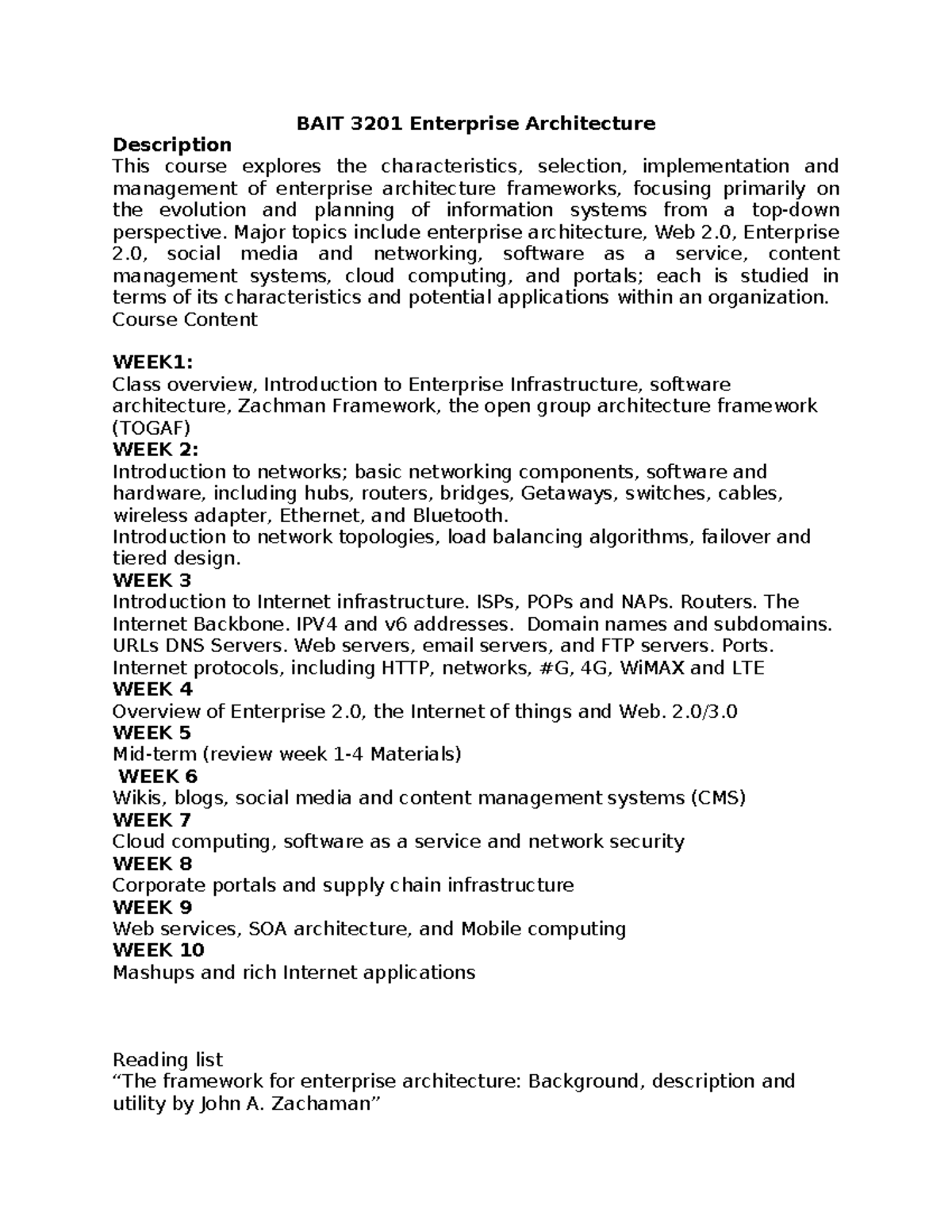Picture of BAIT 3201 Enterprise Architecture Course Outline and Overview - Studocu