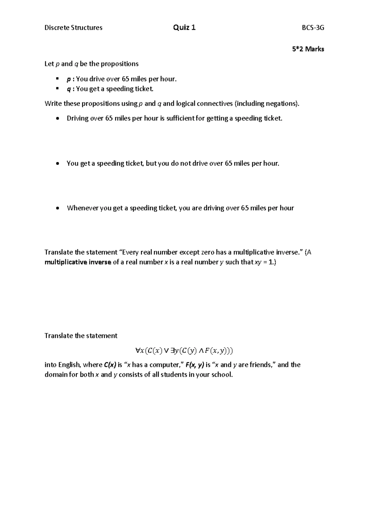 Discrete Fall 2024 Quiz 2 3H - Discrete Mathematics - Discrete ...
