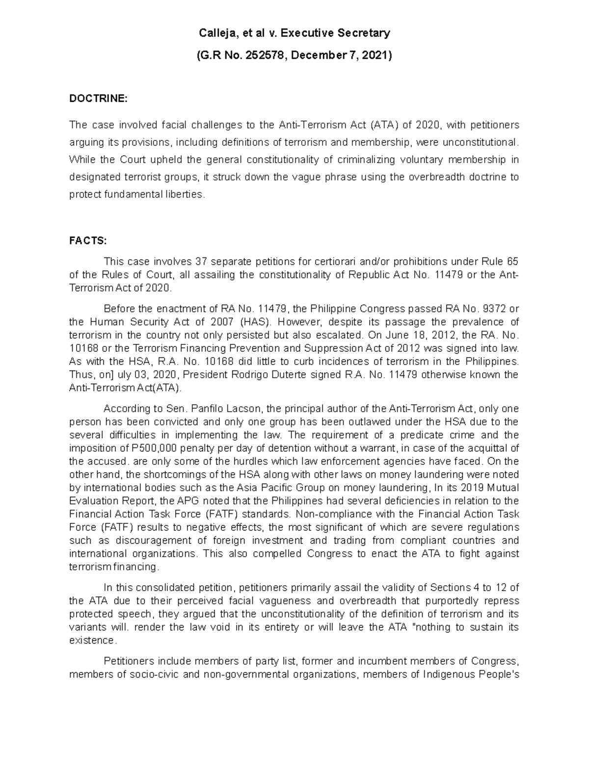Calleja, et al v. Executive Secretary: Analysis of G.R No. 252578 on ...