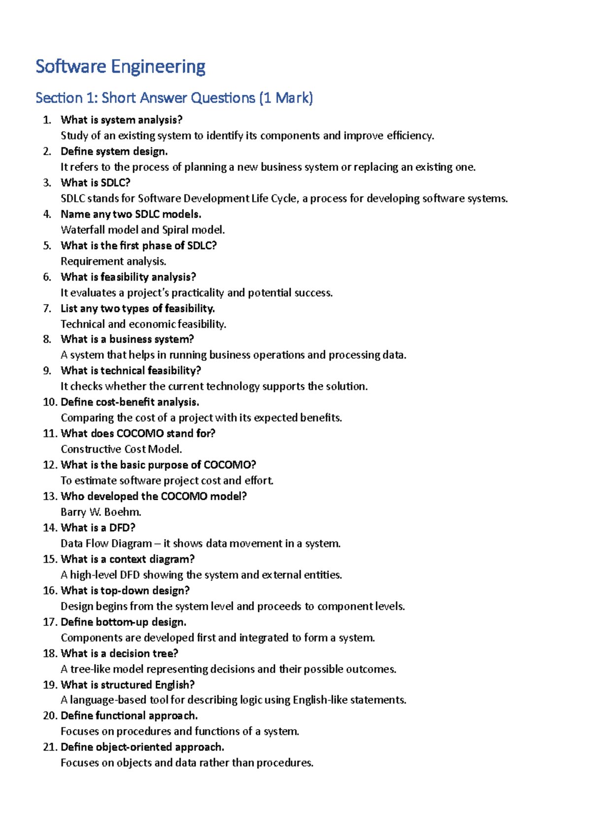 Software Engineering Section 1: Short Answer Questions (SE101) - Studocu