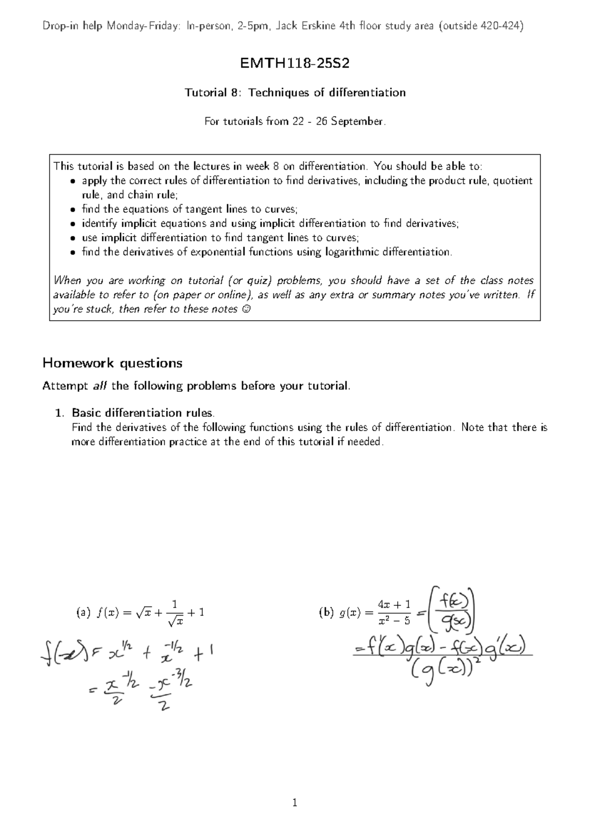 EMTH118 S2 Tutorial 08: Techniques of Differentiation Questions - Studocu