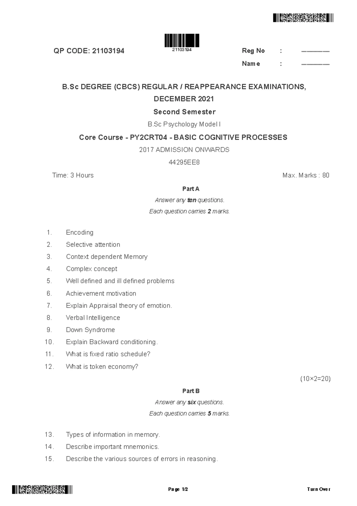 B.Sc Psychology PY2CRT04 Basic Cognitive Processes Exam QP 2022 - Studocu