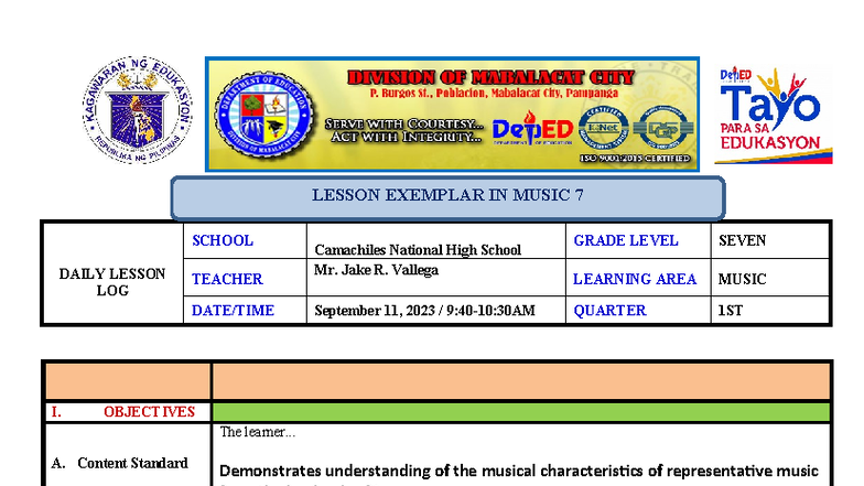 LESSON EXEMPLAR: MUSIC 7 Q1 - FOLK SONGS OF LUZON - Studocu