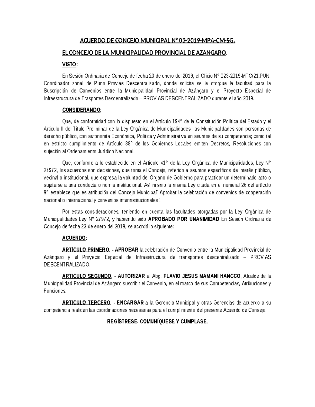 Acuerdo de Concejo N° 03-2019: Convenio con PROVIAS DESCENTRALIZADO ...