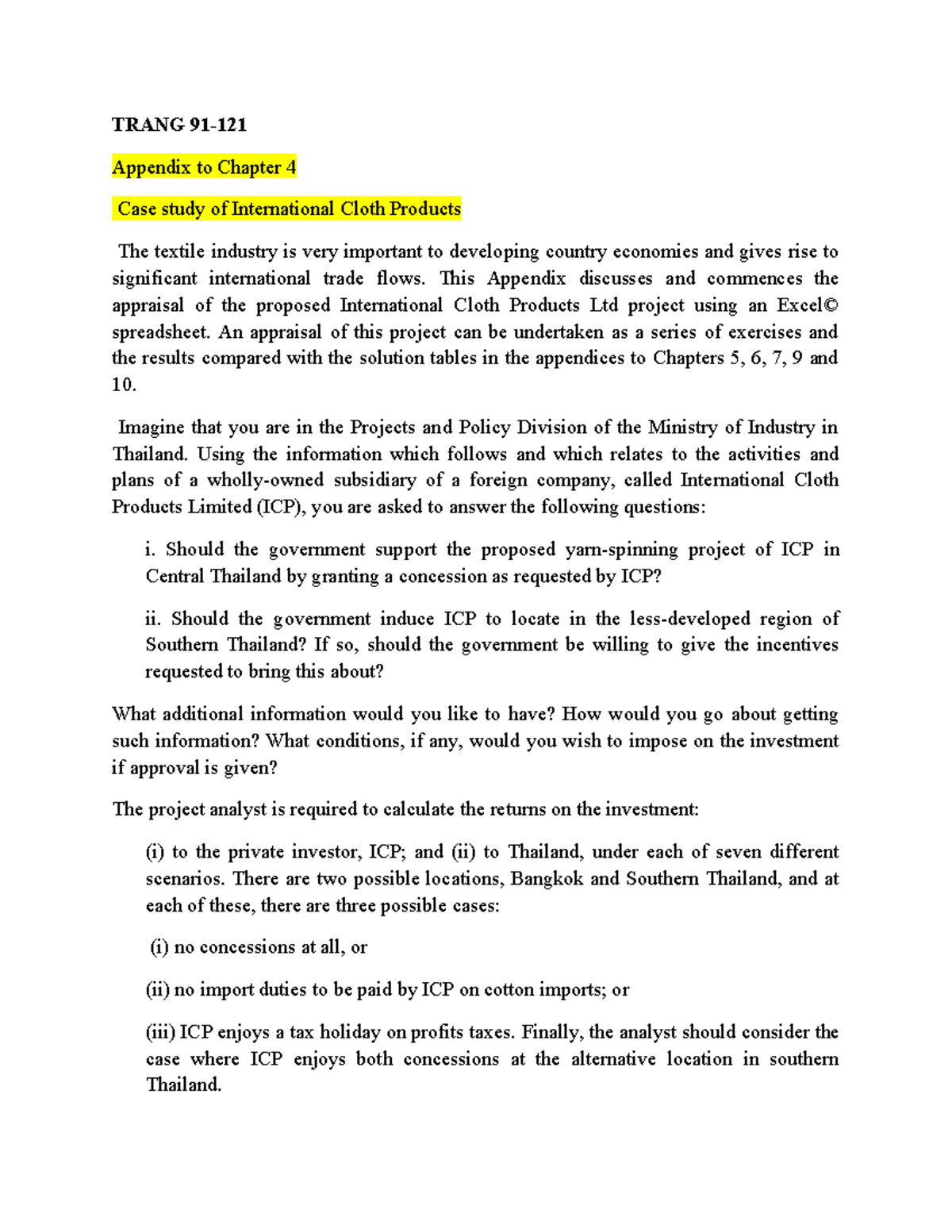 TRANG Appendix to Chapter 4: Case Study on International Cloth Products ...
