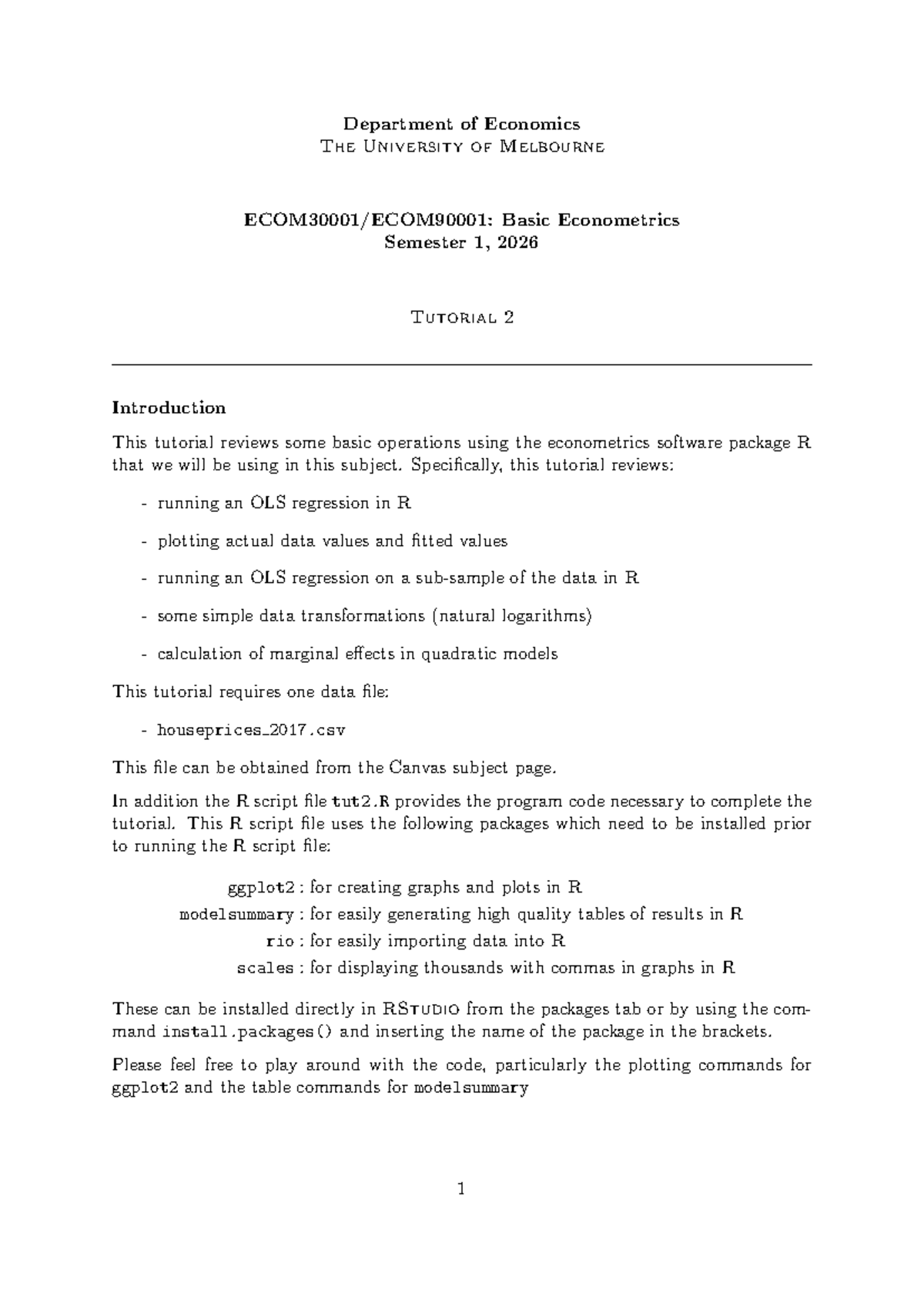 ECO1010 - Basic Econometrics Tutorial 2: OLS Regression in R - Studocu