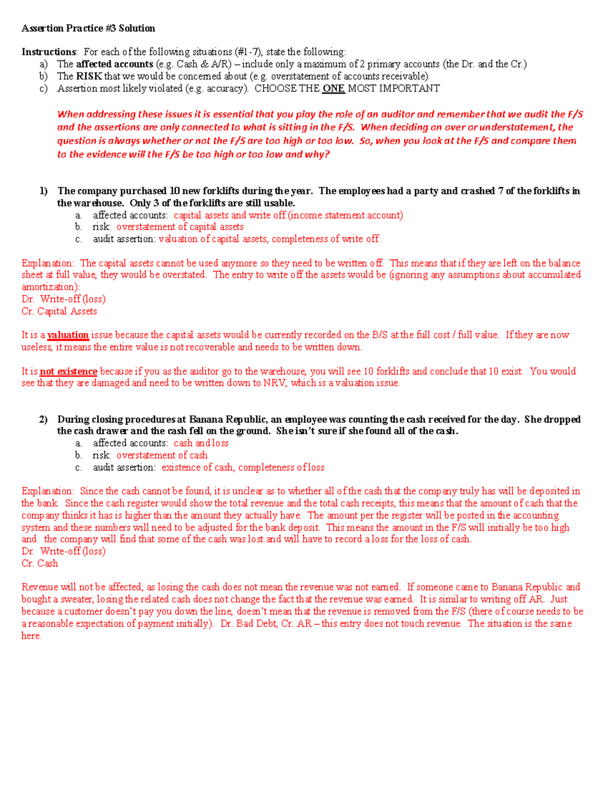 Assertions Practice 3 Solutions for Auditing Scenarios - Studocu