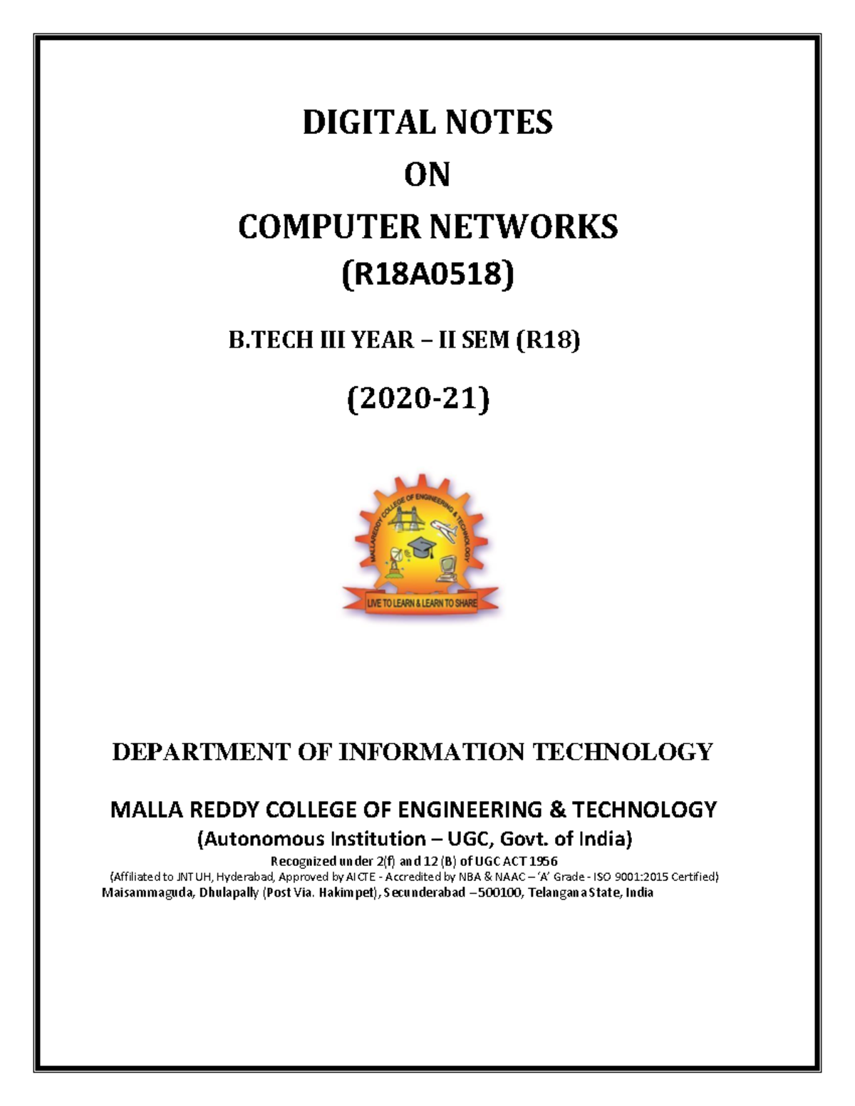 DIGITAL NOTES ON COMPUTER NETWORKS (R18A0518) B.TECH II SEM - Studocu