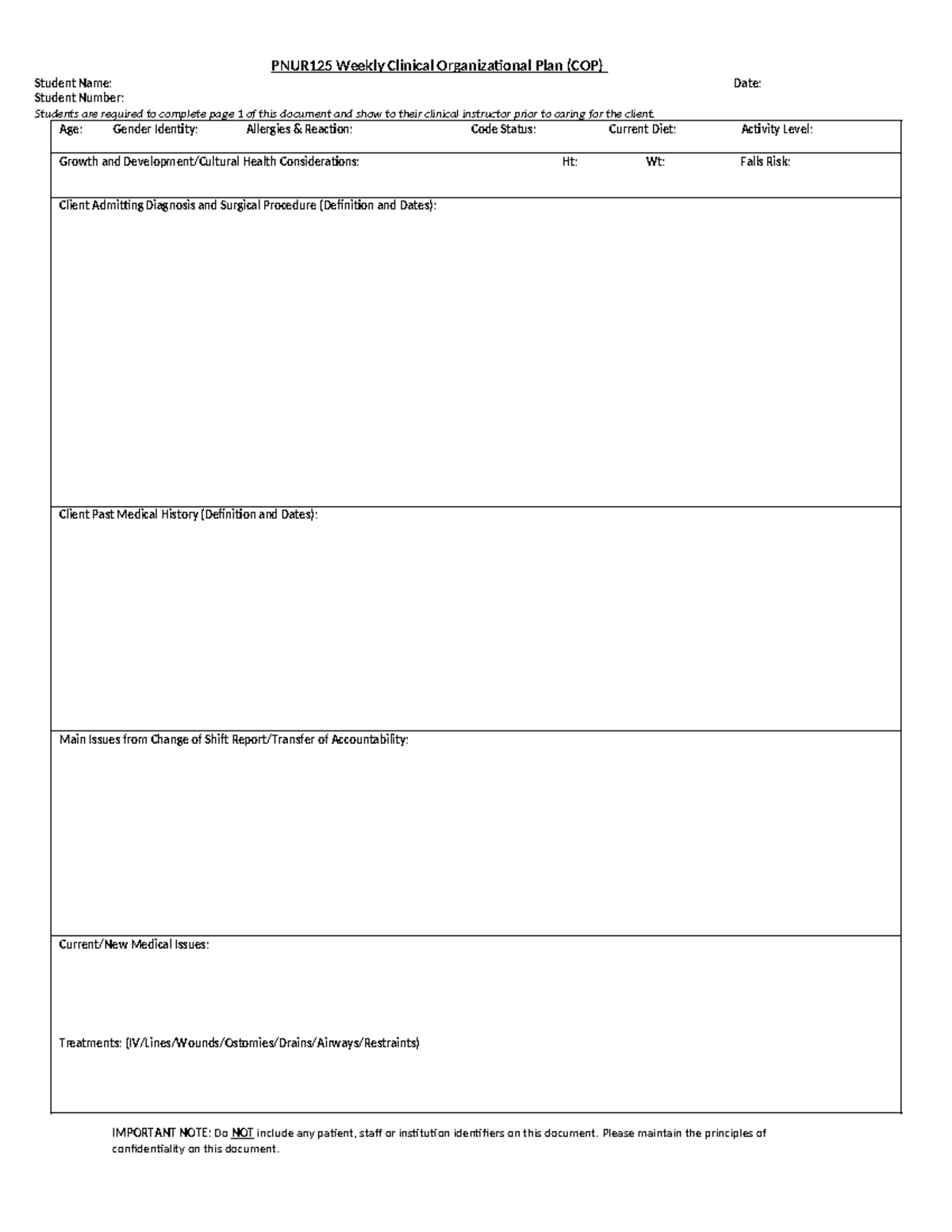 PNUR125 Weekly Clinical Organizational Plan Template (Weeks 10-13 ...