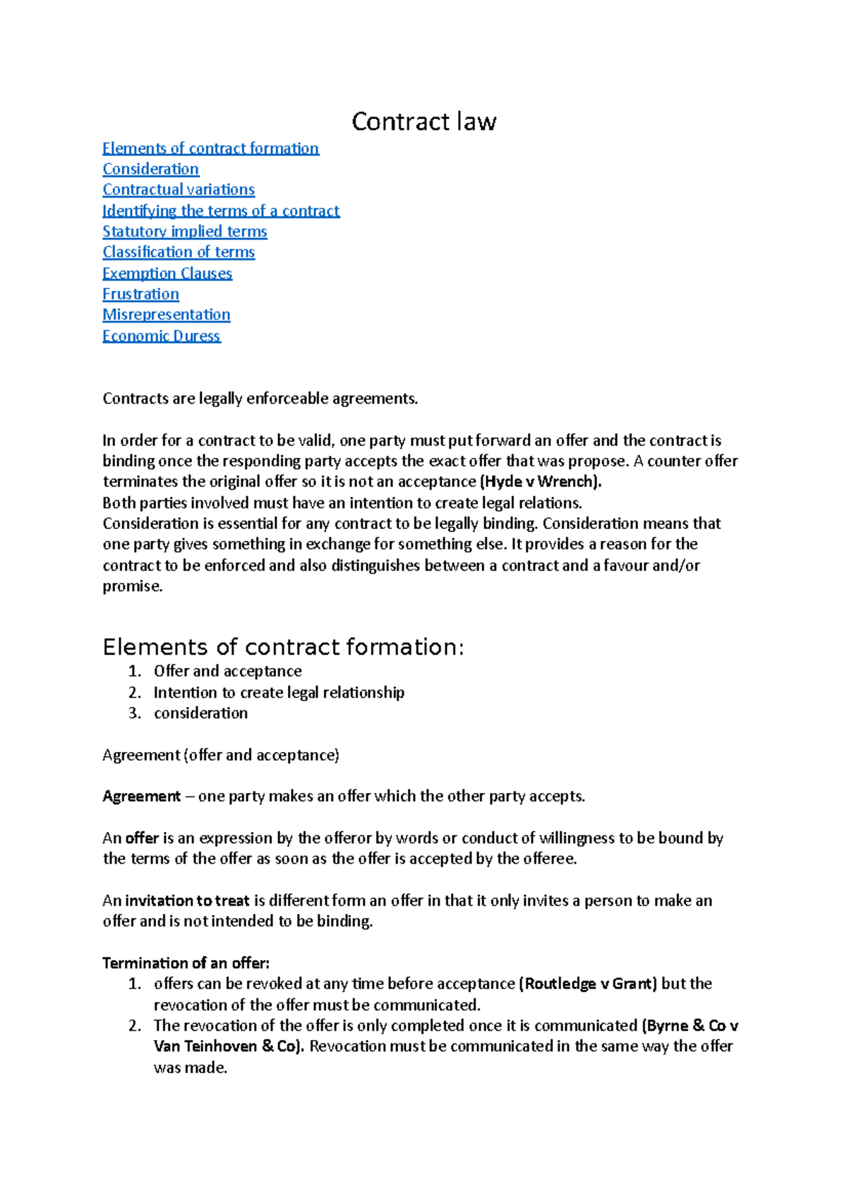 Contract Law Revision Notes: Key Elements and Principles - Studocu