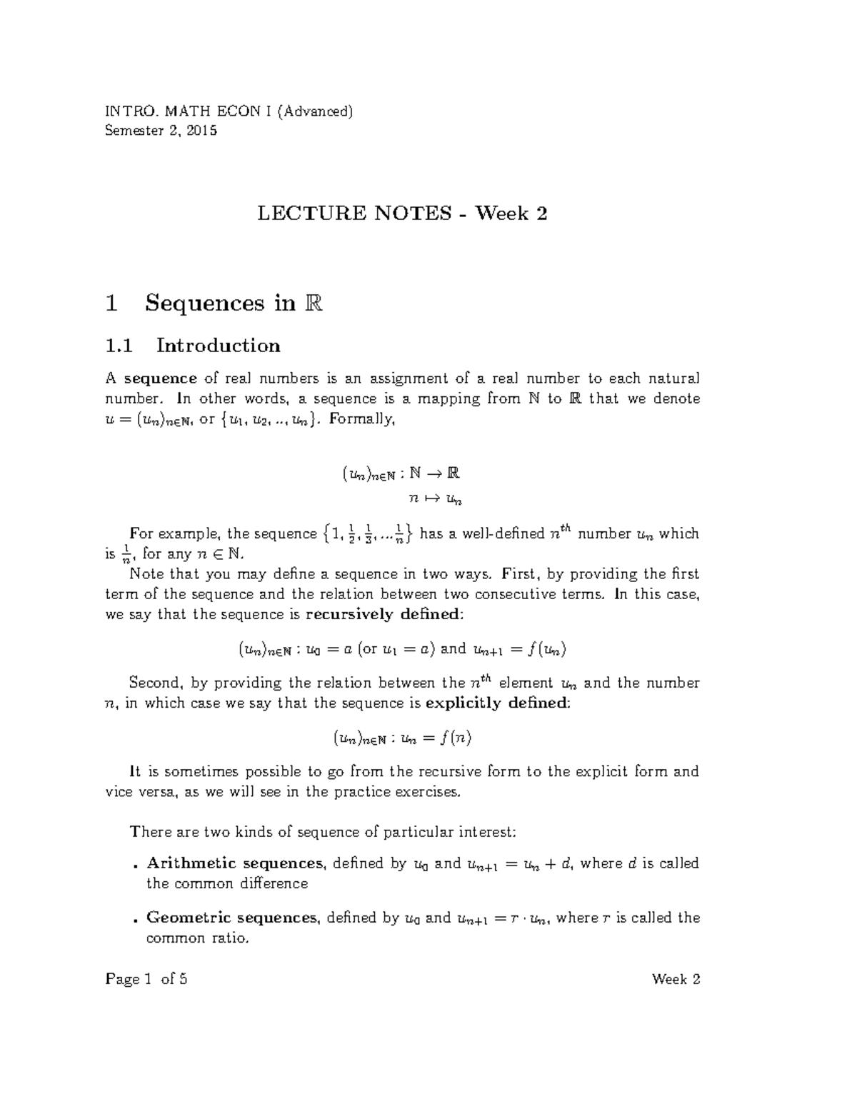 Week 2 Lecture Notes: Sequences and Series Overview (Semester 2, 2015 ...