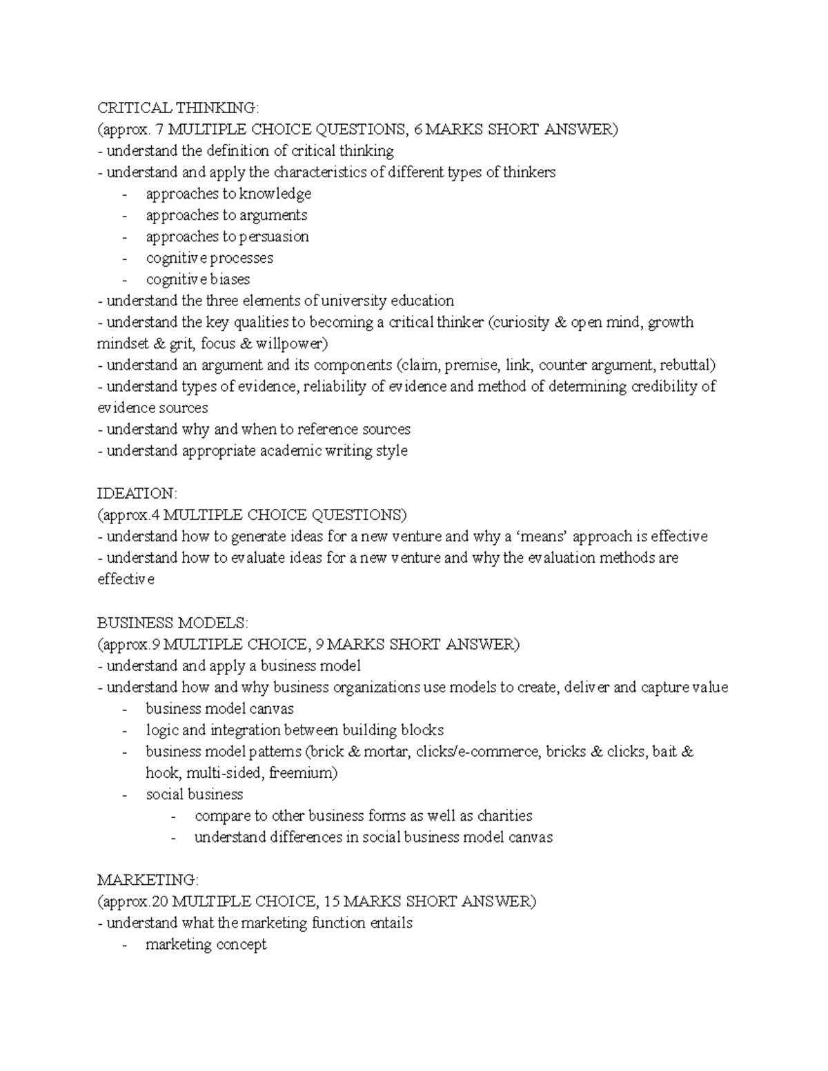 BU121 Midterm Study Notes on Critical Thinking, Business Models ...