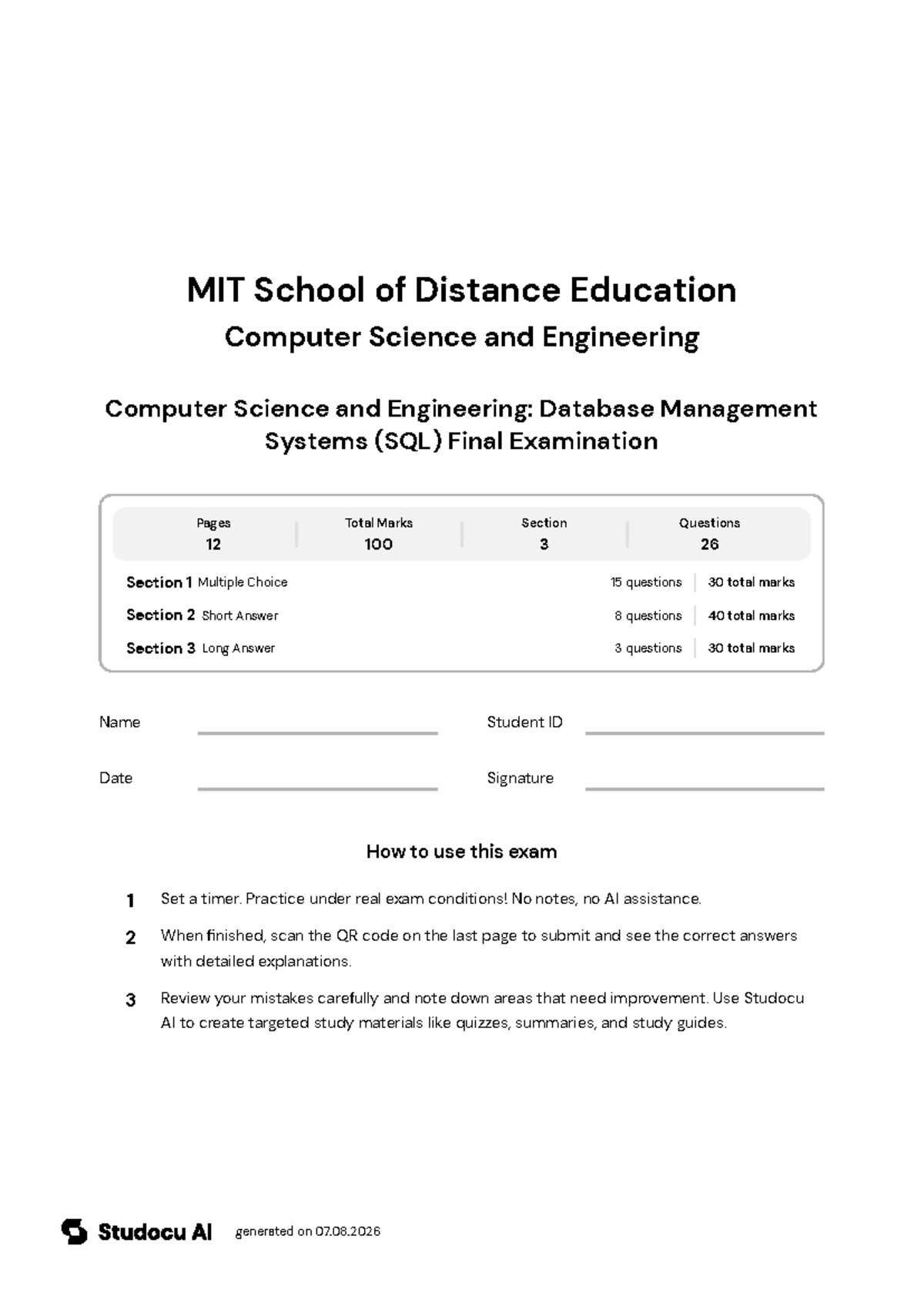CSE: Database Management Systems (SQL) Final Exam - Studocu