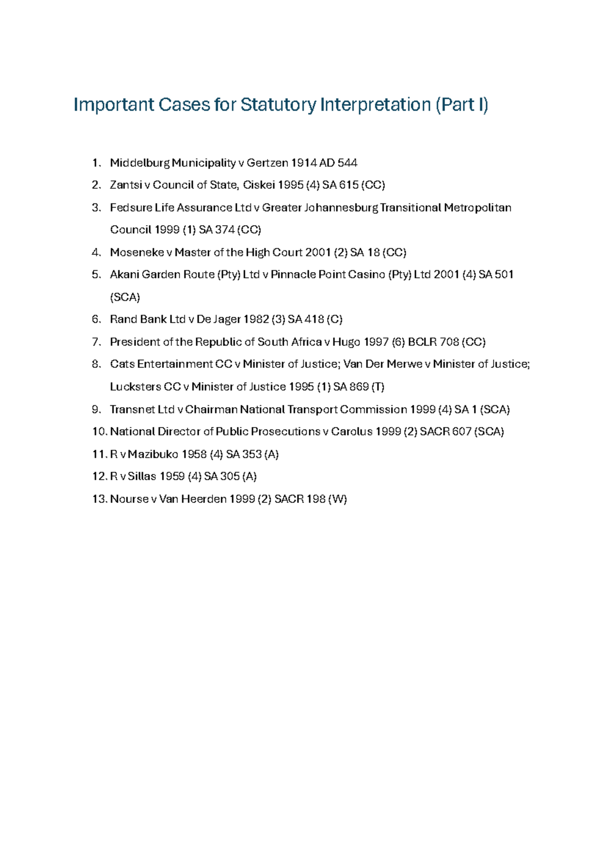 Important Cases for Statutory Interpretation - Part I Notes - Studocu