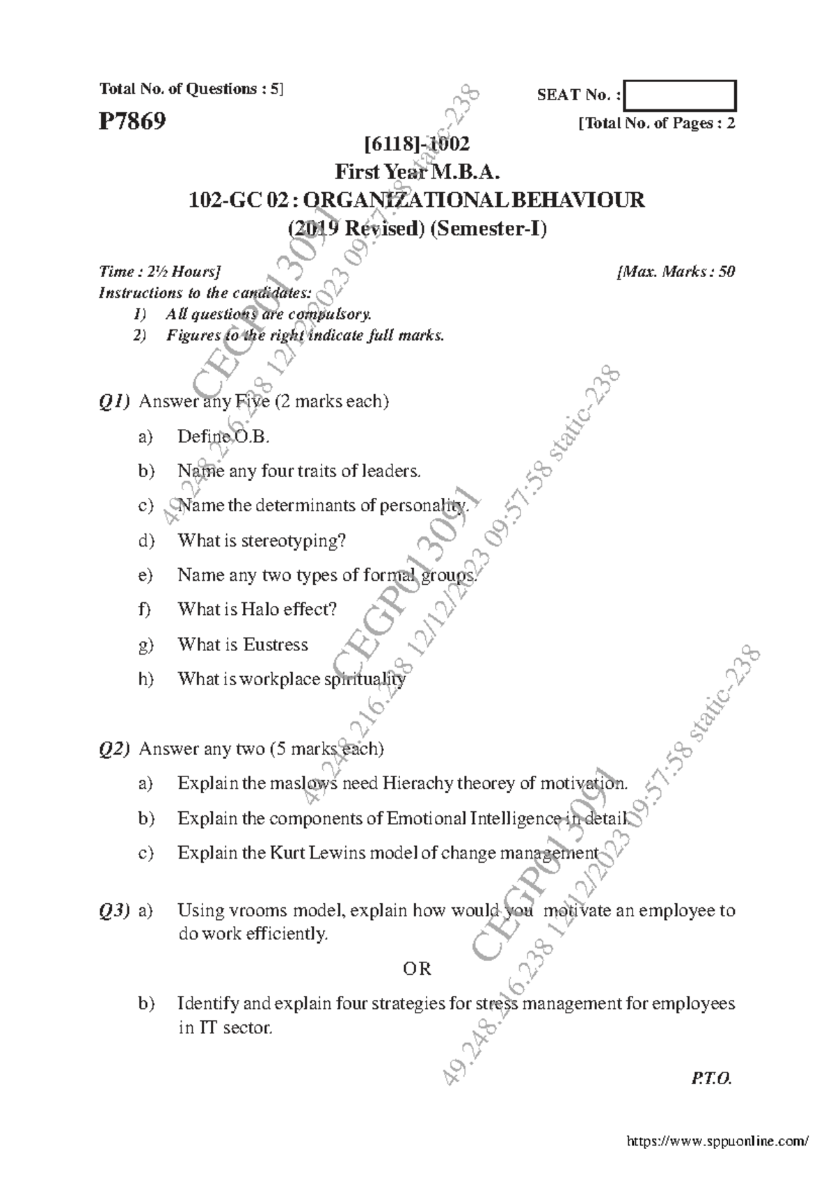 MBA 1st Sem: Organizational Behaviour Exam Questions Dec 2023 - Studocu
