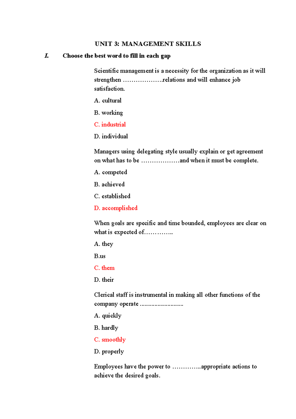 UNIT 3: MANAGEMENT SKILLS I - Fill in the Gaps Exercise - Studocu