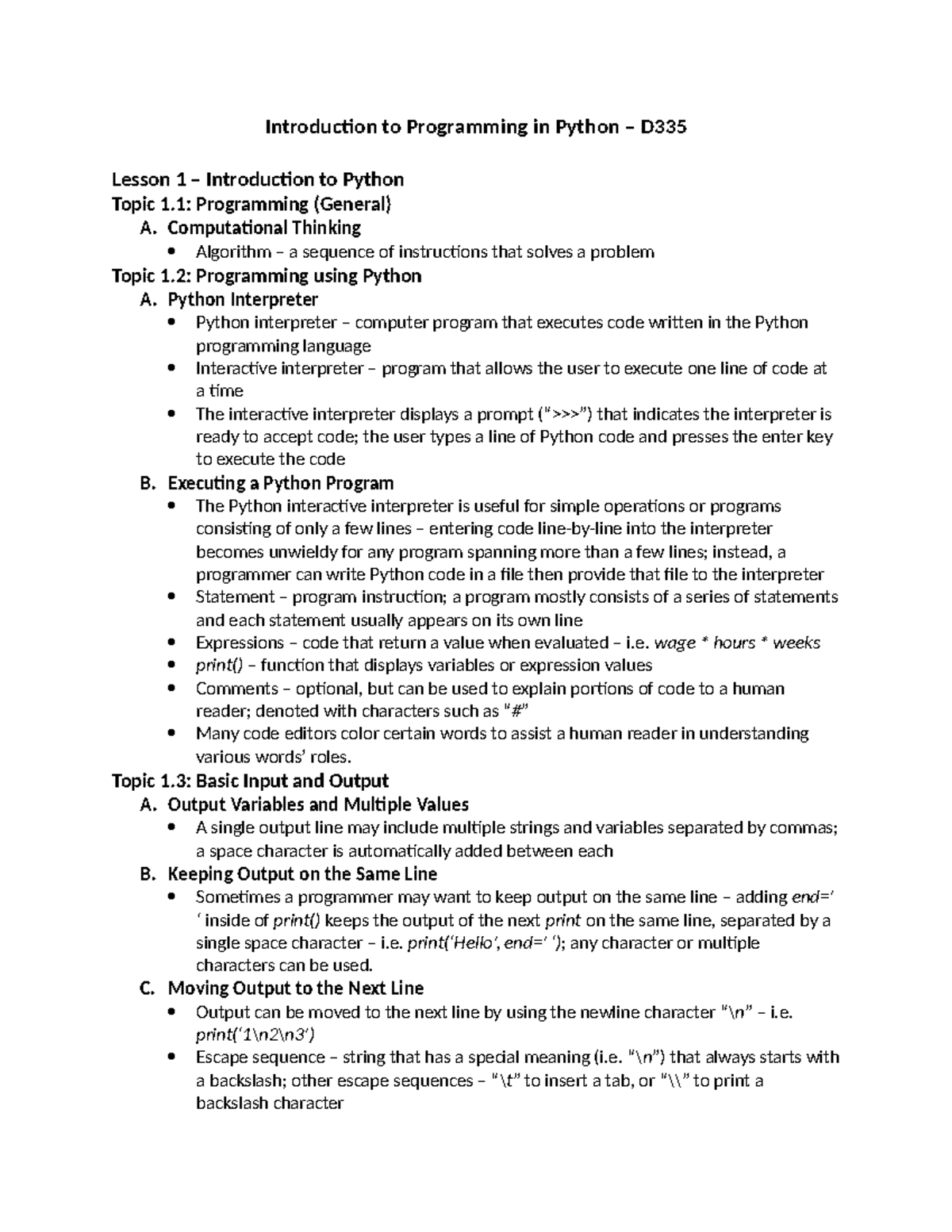 Introduction to Programming in Python D335 Lesson 1: Basics of Python ...