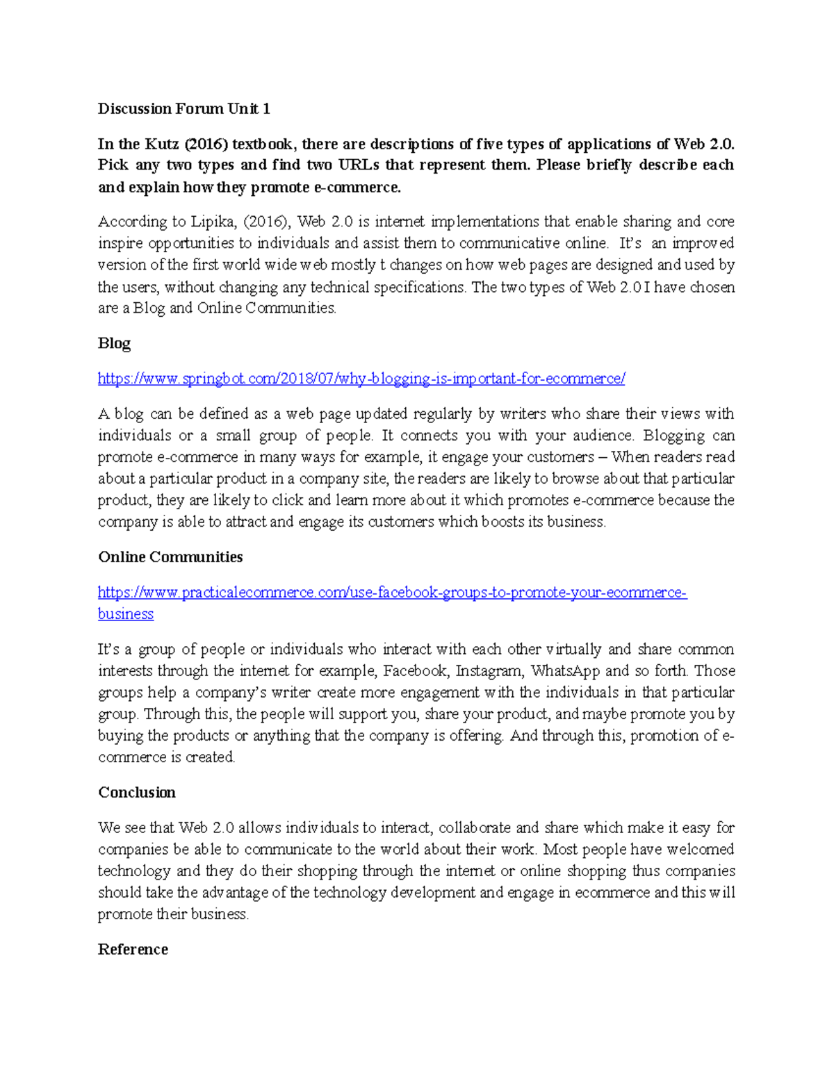 Discussion Forum Unit 1: Web 2.0 Applications for E-commerce - Studocu