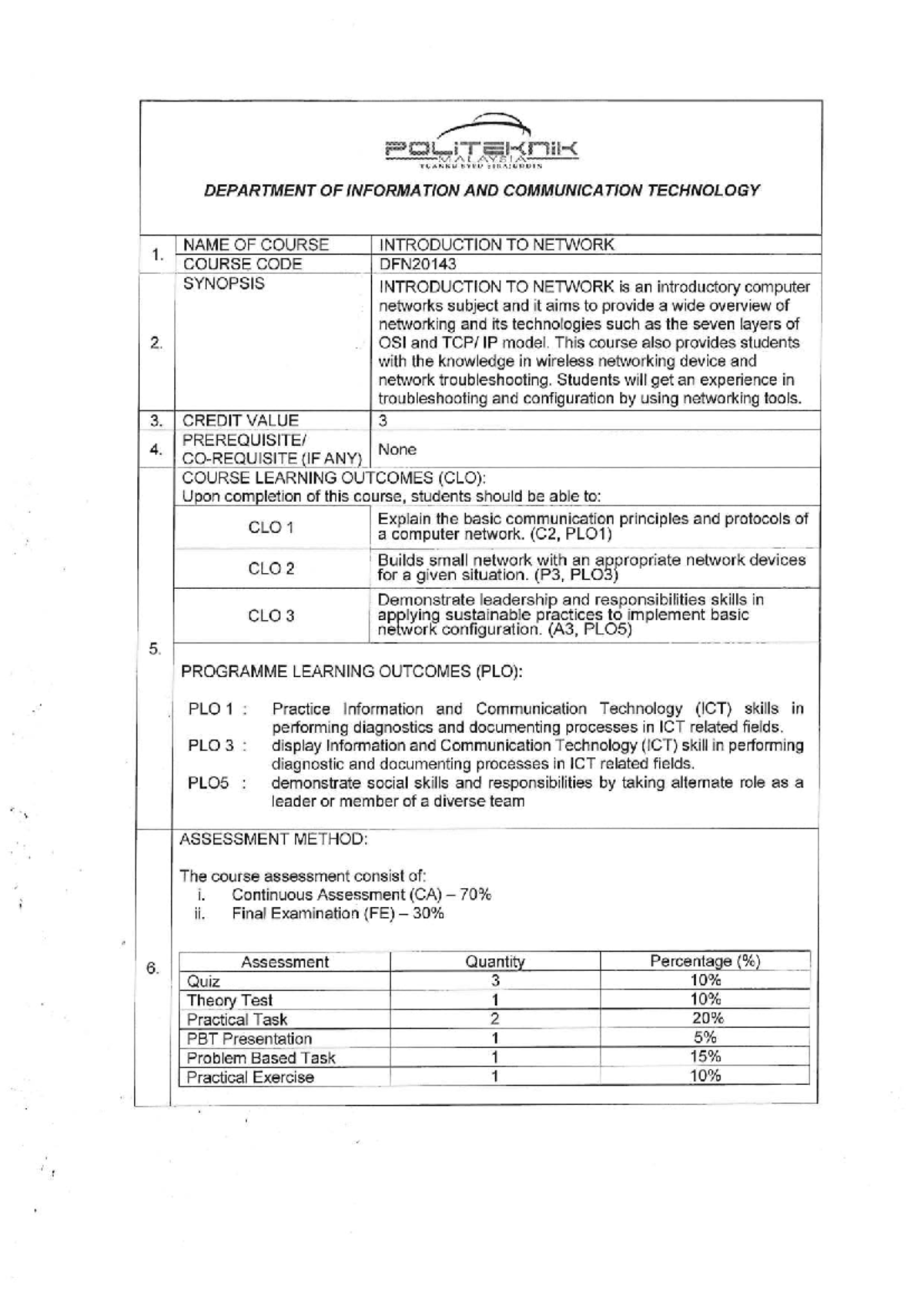 CO MPU24021 - Introduction to Network Course Outline and Assessment ...