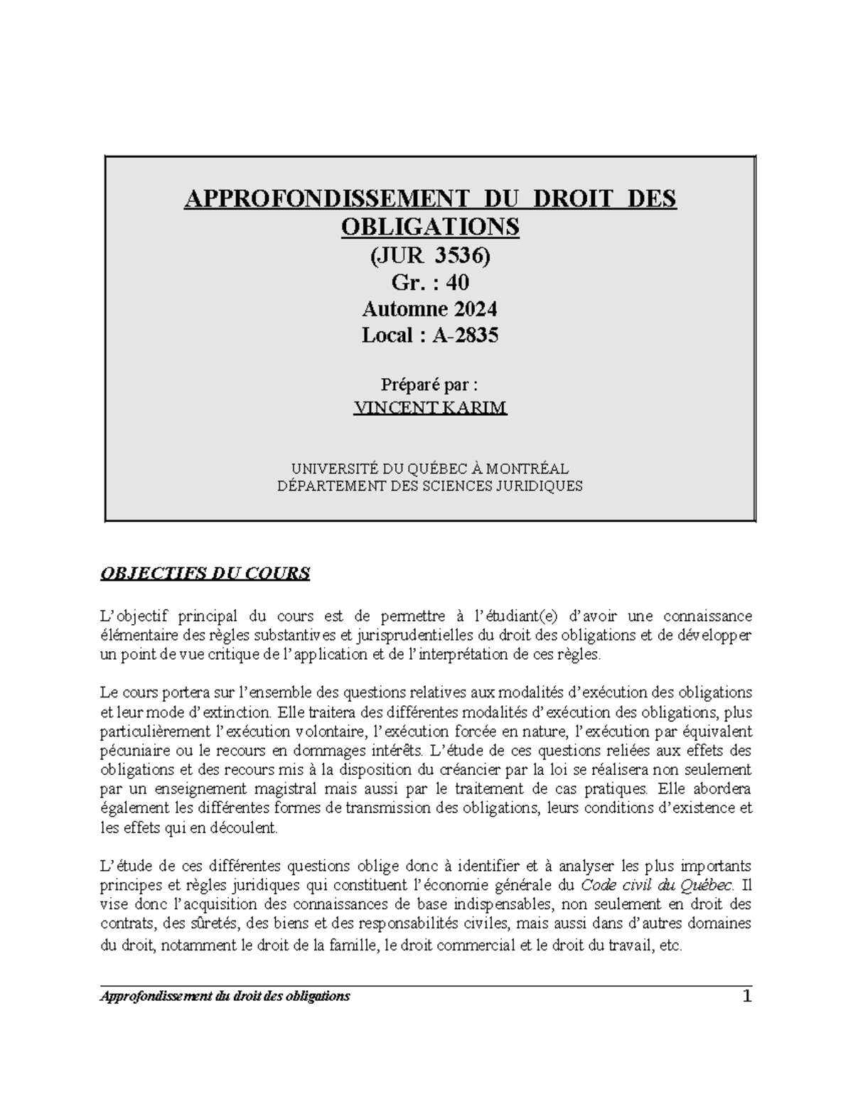 Plan de cours JUR 3536 - Approfondissement Droit des Obligations ...