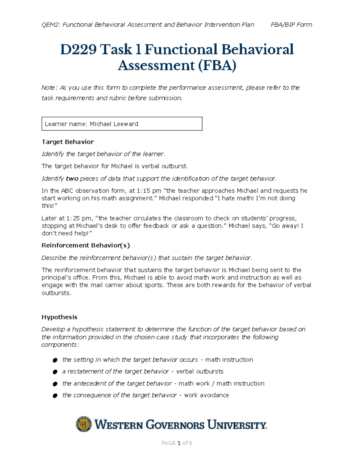 D229: Task 1 - Functional Behavioral Assessment & Behavior Intervention ...